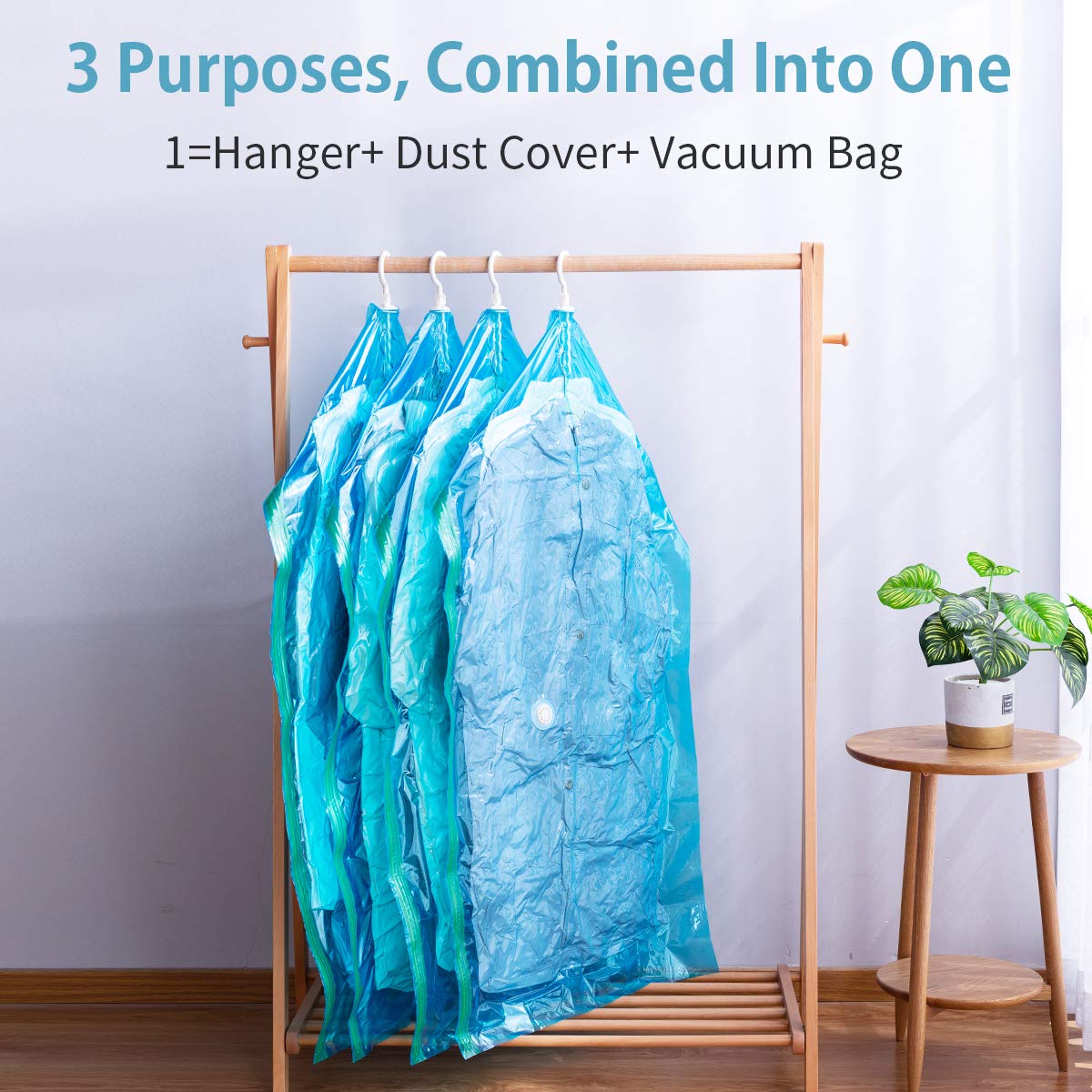 Bolsas de almacenamiento al vacío para ropa 4 piezas (135 x 70 cm) ahorro de espacio bolsas de polvo con gancho para abrigos, chaquetas, vestidos, chaqueta de abajo, traje de negocios, sin plegado