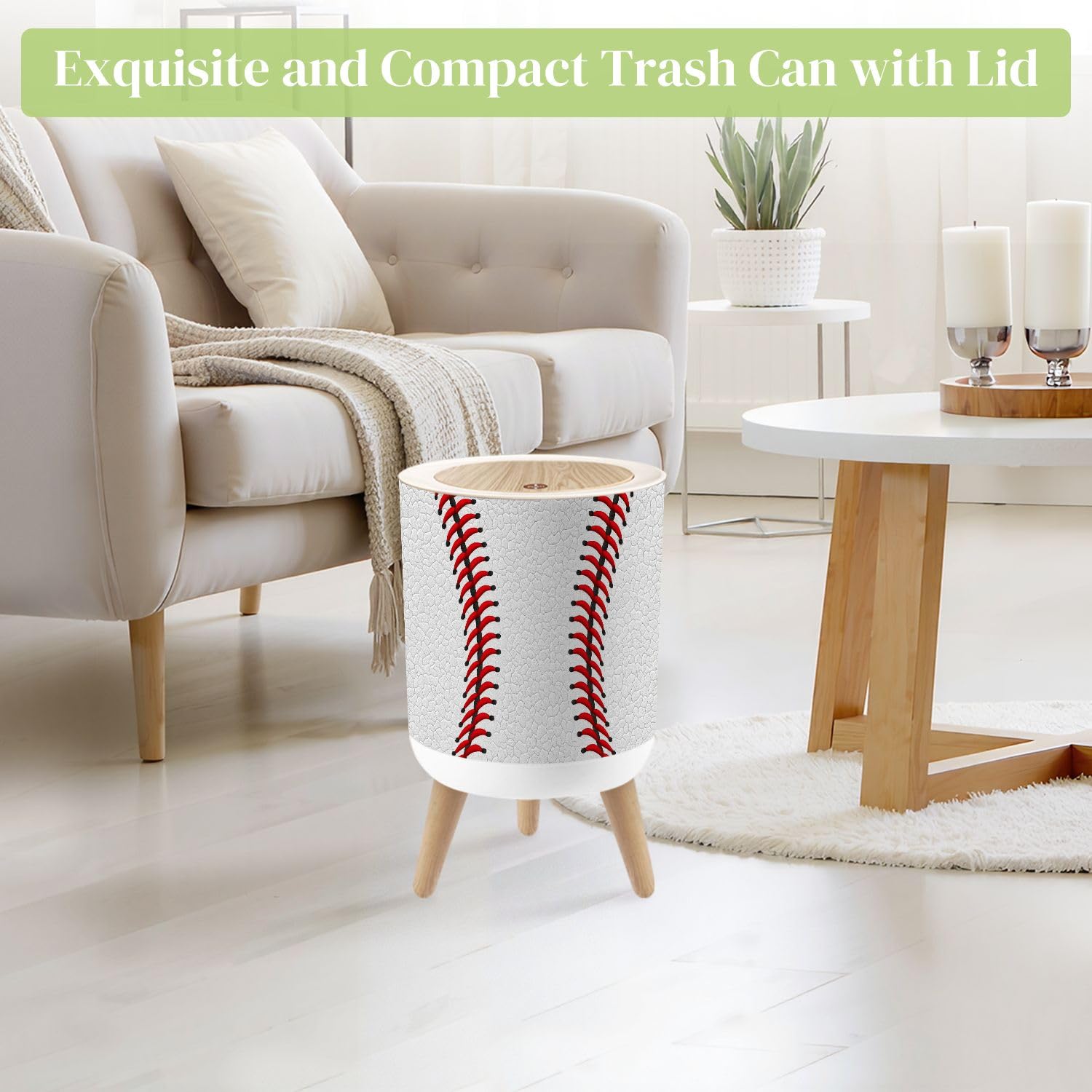 Small Trash Can with Lid Red Stitching White Leather Baseball Seamless Texture Round Press Top Garbage Can with Legs Trash Bin Waste Basket for Kitchen Bedroom Bathroom 7L/1.8 Gallon