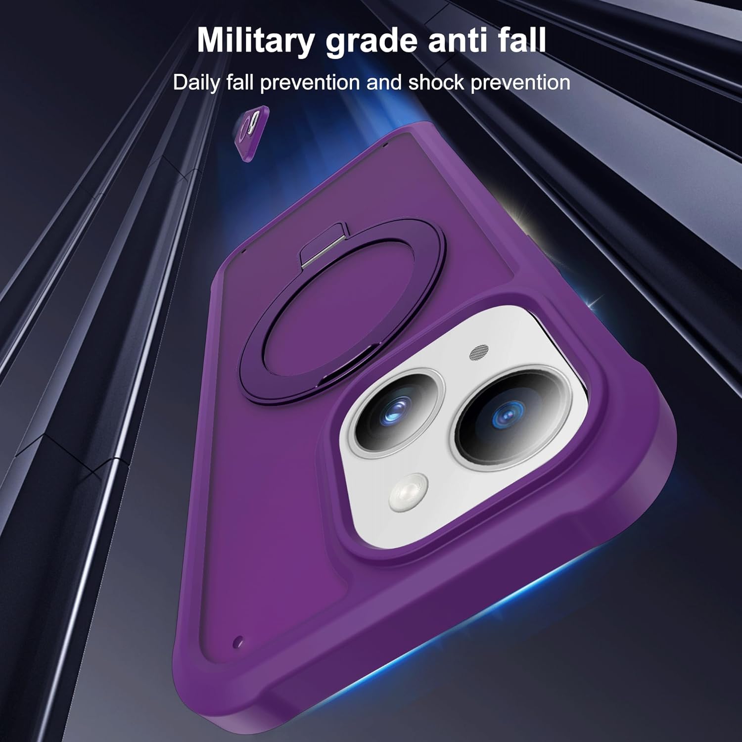 Compatible with iPhone 14/13 Case with Magnetic Ring Stand [Compatible with Mag-Safe] [Built-in Screen Protector] Military-Grade Drop Protection Matte Translucent Phone Case, Dark Purple