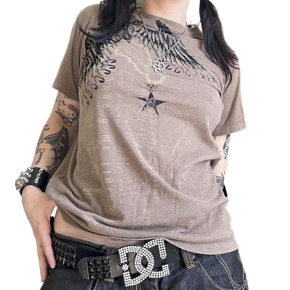Women Y2k Grunge Shirts Short Sleeve Crop Tops Fairy Grunge