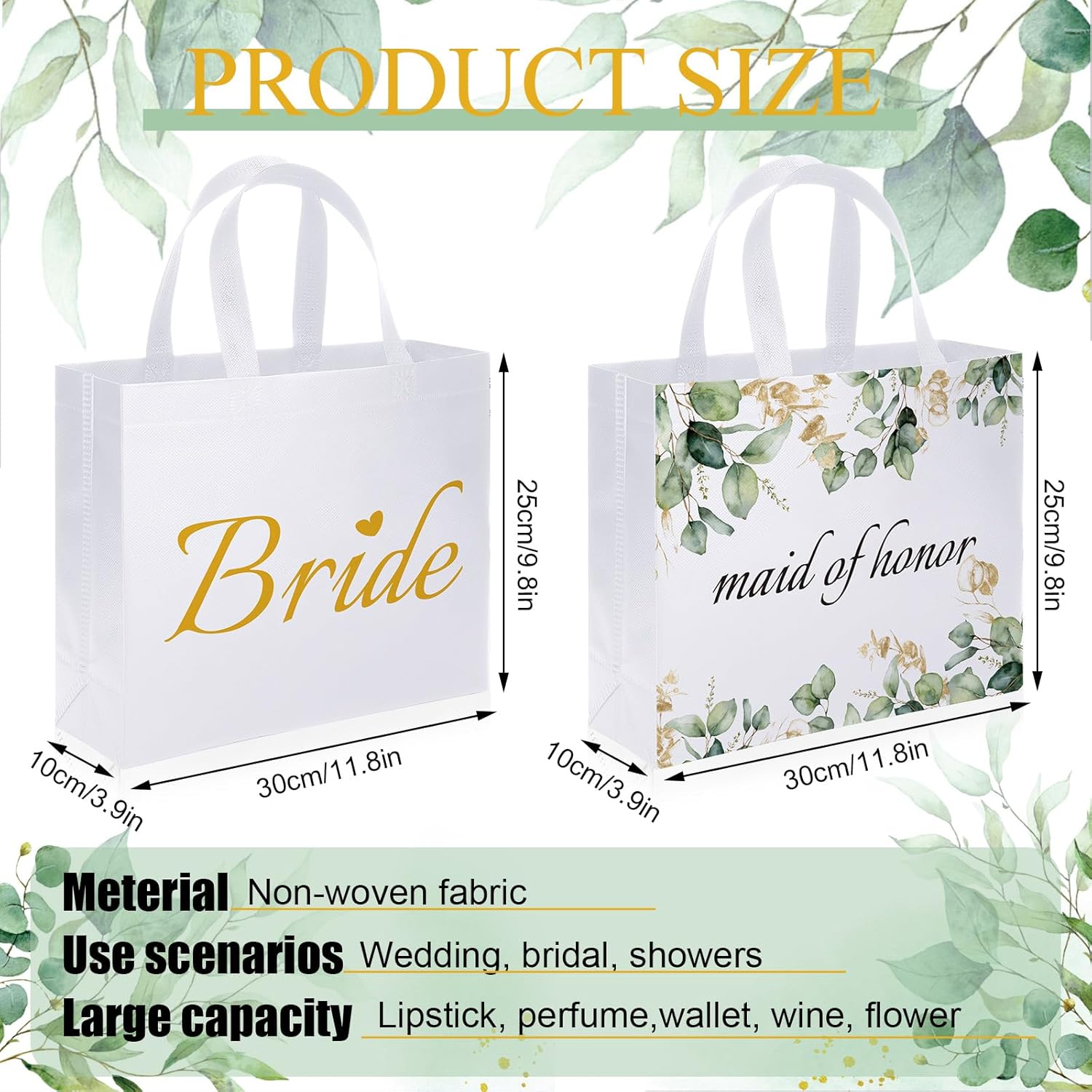 Set of 12 Greenery Eucalyptus Bridesmaid Tote Bags Large Reusable Bridal Shower Gift Bags with Handle for Wedding Bridal Shower Proposal Bachelorette Supplies 11.8 x 3.9 x 9.8 Inch - Image 2