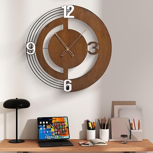 Miniatura 18 de Reloj de pared moderno de mediados de siglo de 24 pulgadas, diseño de metal de marco redondo con centro de madera de nogal, movimiento de cuarzo A -
