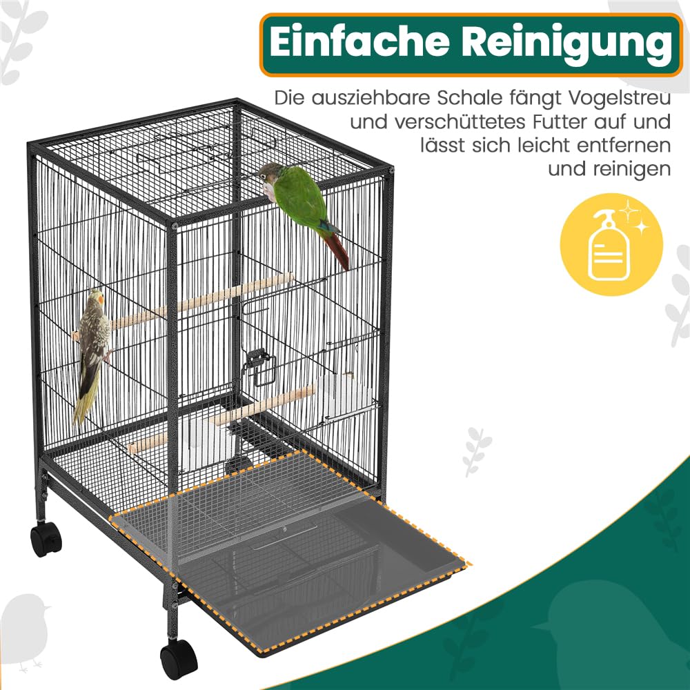 Yaheetech Vogelkäfig mit offenem Dach, Vogelvoliere mit Holzstangen und 360° drehbaren Rollen, 2 Futternäpfe & Schublade, großer Raum für Vögel, 45,5x45,5x89,5 cm