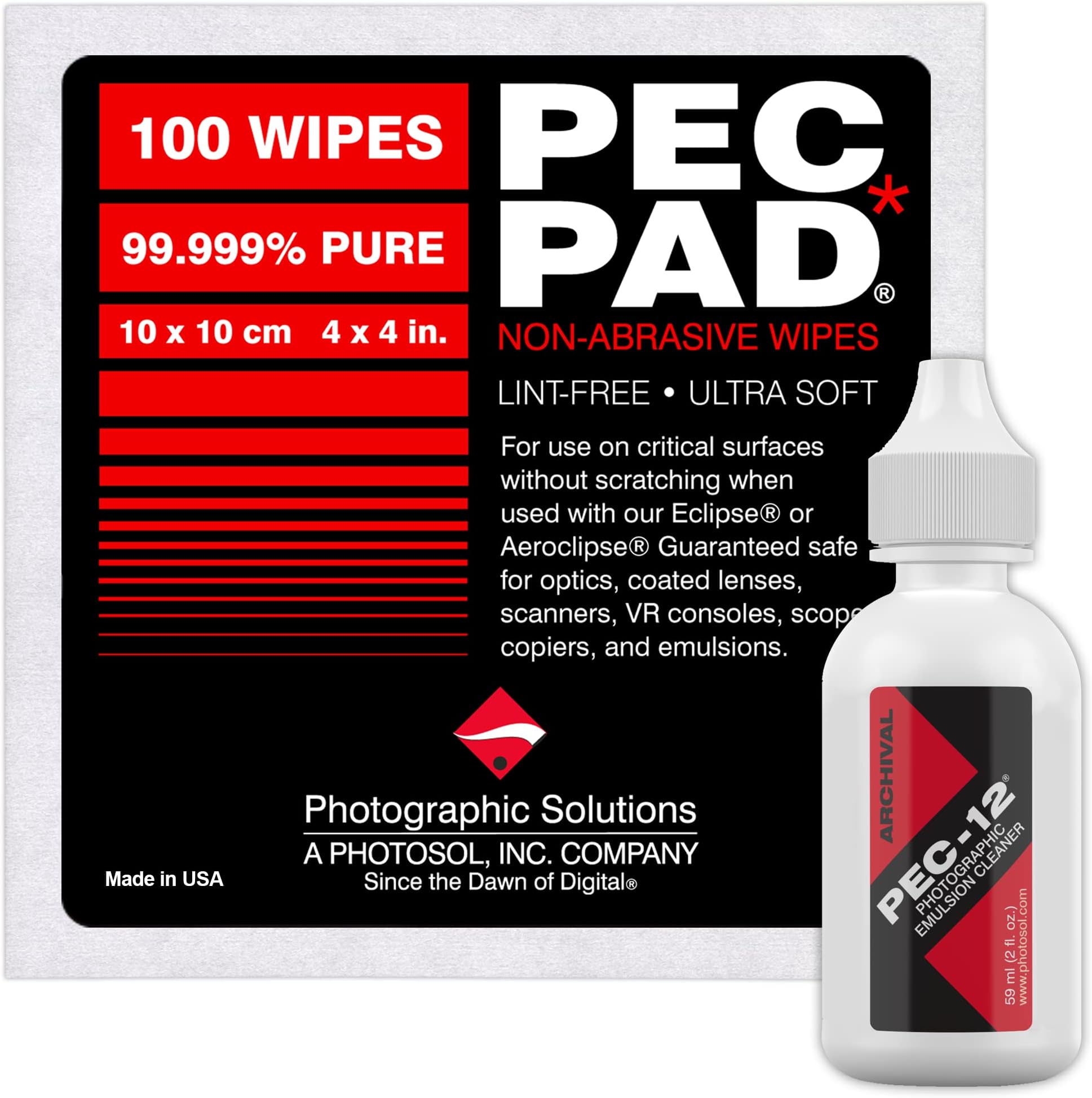 Photographic Solutions PEC 12 Emulsion Cleaner Kit and PEC PAD Lint Free Non Abrasive Wipes 4"x4" 100 Sheets per/Pkg for Cleaning Film, Photo Negative, B&W Slide Dropper Tip (59ml) 2oz