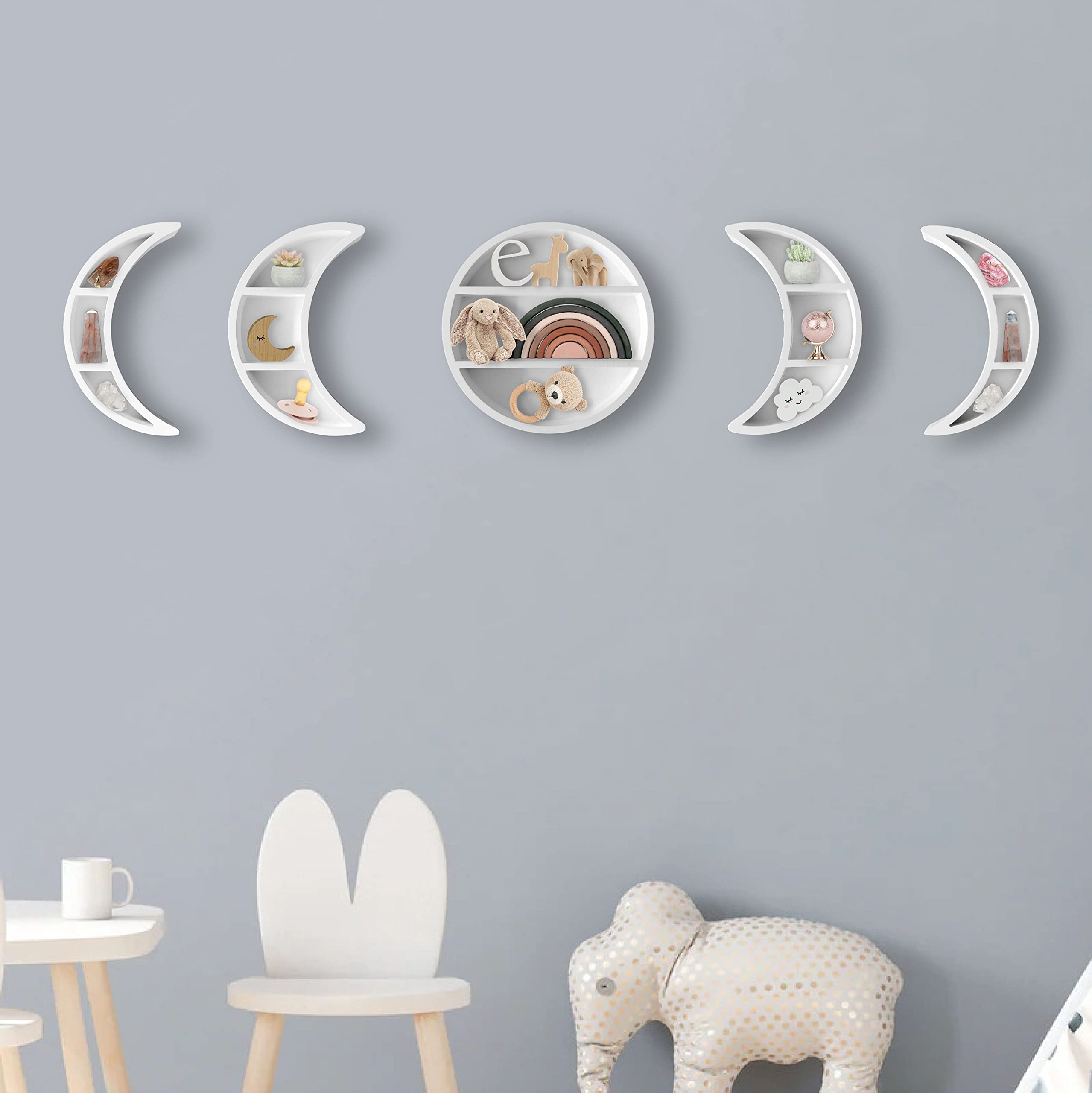 5 Pieces 12.2" Moon Phase Shelf Set - Phases Of The Moon Wall Decor - Crescent White Moon Shelf For Crystals - Moon Phase Wall Decor Crystal Shelf Display - Nursery decor shelf for kids baby bedroom