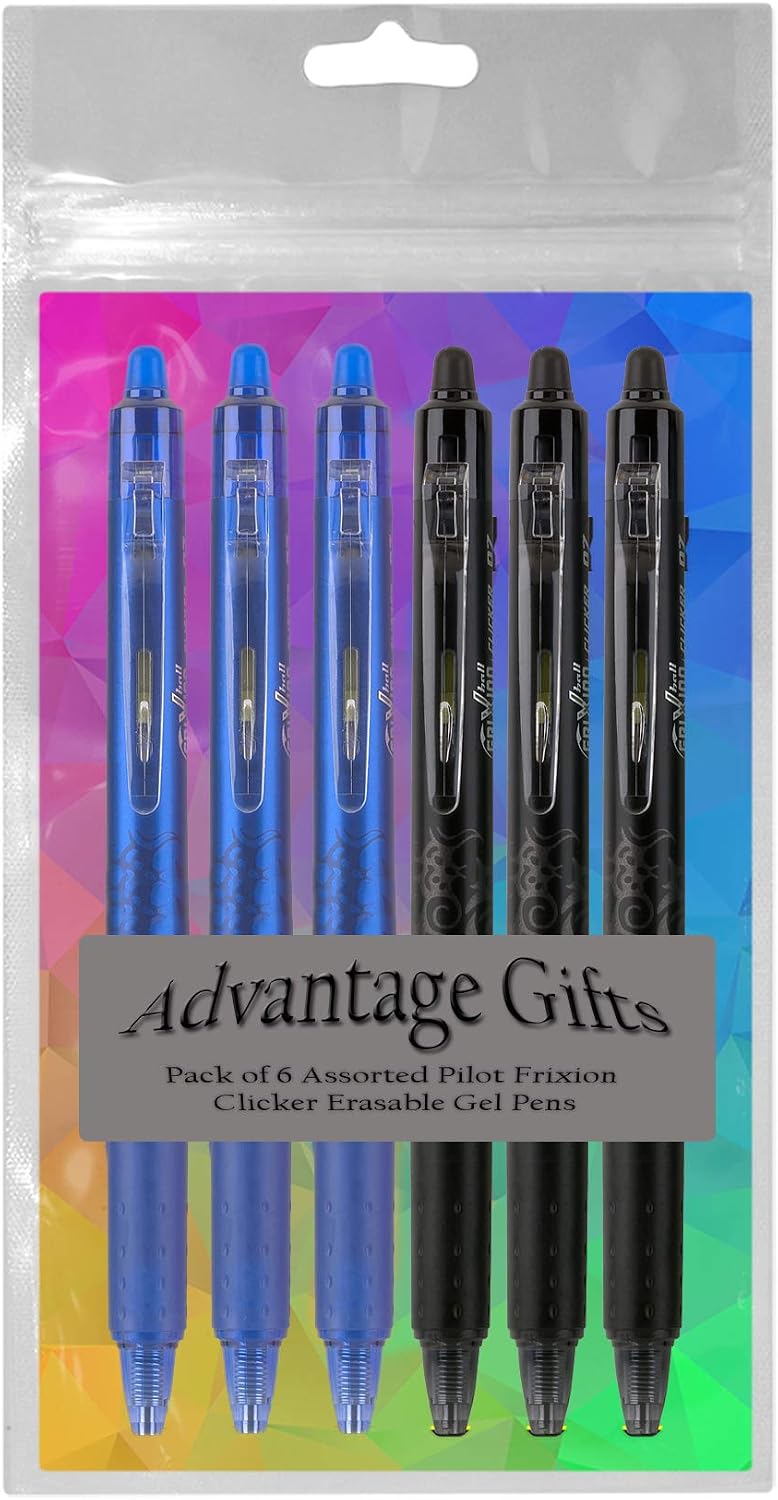 Advantage Gifts Frixion Clicker Retractable Erasable Gel Pens Fine Point (.7mm) Assorted Colors Black/Blue Ink 6-pk; Bundle with Plastic Reusable Pouch