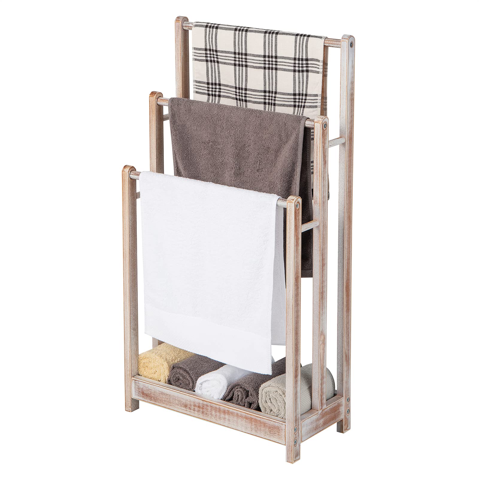 COSTWAY Portasciugamani in Legno da Terra, Porta Asciugamani a 3 Livelli con Mensola Inferiore, Dispositivo Anti-Ribaltamento, Supporto Leggero per Asciugamani da Bagno e Stanza Lavanderia (Bianco)