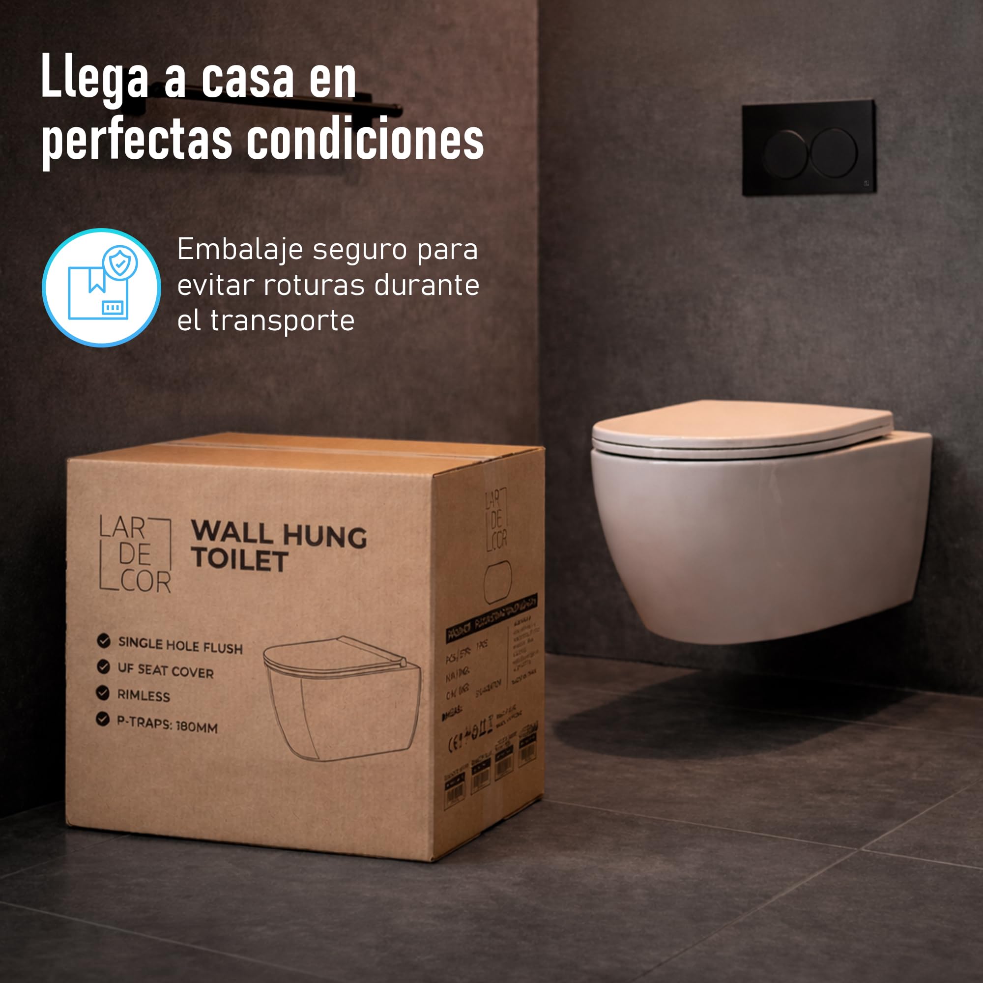 WC Inodoro de Cerámica Suspendido | 530x365x365 mm | Váter con Sistema Rimless Antibacterias, Tapa Dura Extrafina UF Amortiguada y Ahorro de Agua (Blanco)