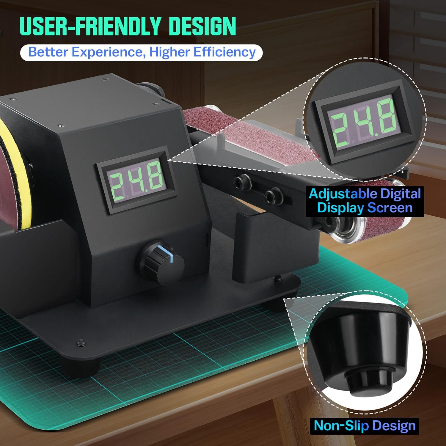 4-1 Mini Multi-functional Table Saw with Voltage LED Display and 7 Speed Adjustable, Mini Table Saw for Crafts with 10 Sanding Belts, 90° Adjustable Belt Sander, Dual Bench Grinder