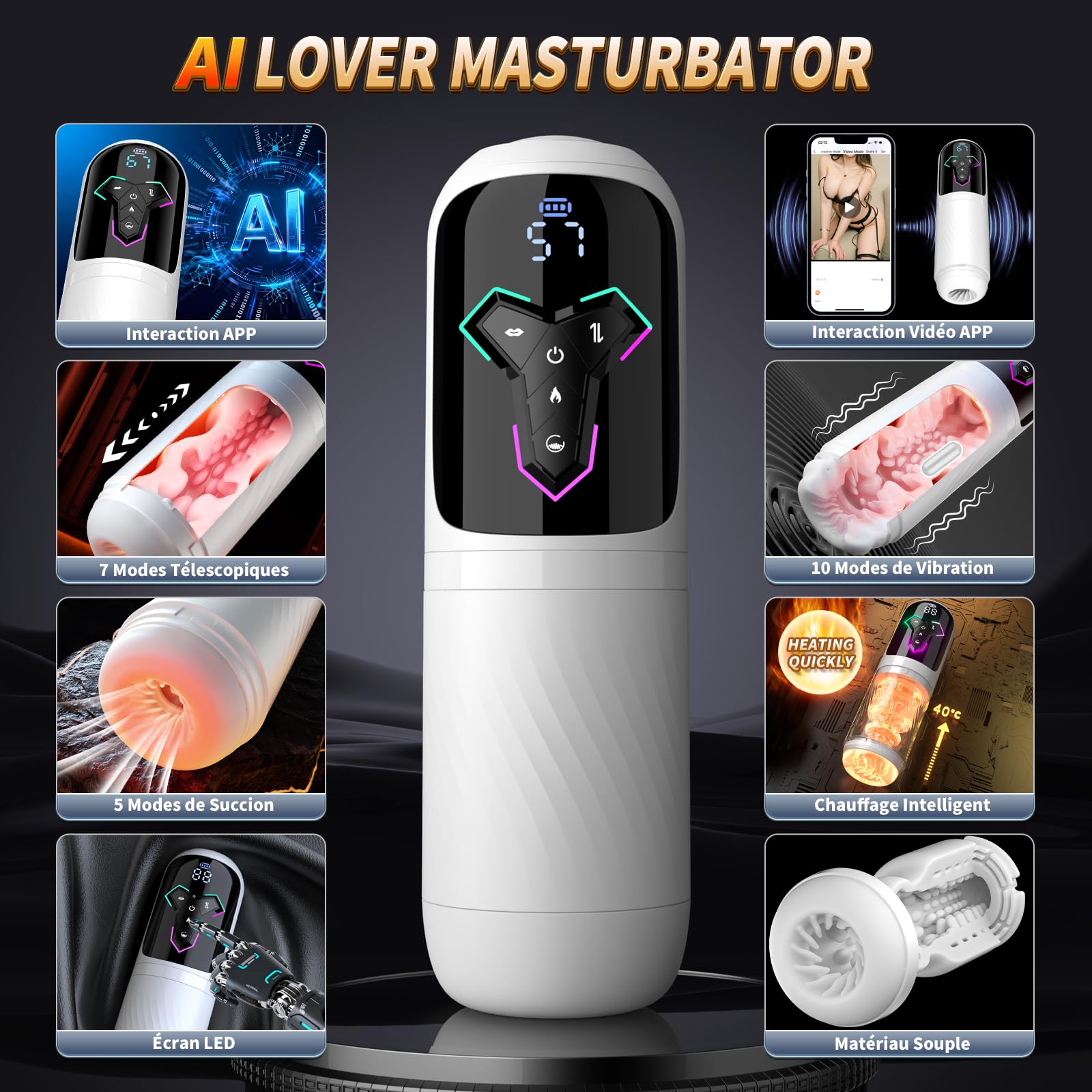 Masturbeuse Homme Sex Toys Interactif à IA – Masturbateurs Masculins avec 10 Modes de Vibration 7 Télescopiques 5 Aspiration, Vaginette Ultra Réaliste Sex Toýs Homme, Sextoys avec Contrôle par App