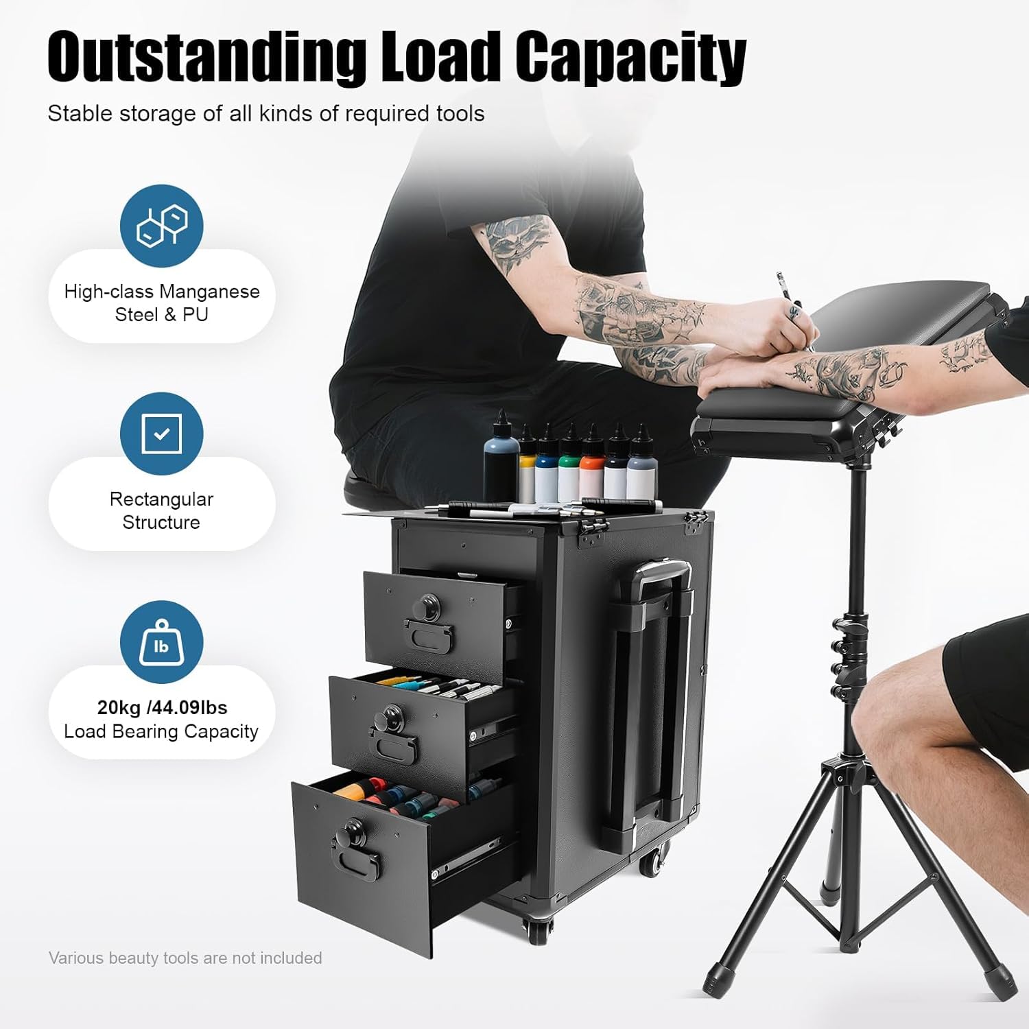 Futchoy 2 in 1 Kosmetikkoffer Trolley mit Armlehnenständer,Schminkkoffer Nagelkoffer mit Rollen,Tattoo-Station Koffer 3 Schubladen,Make-up Koffer für Tattoo, Beauty-Werkzeuge, Schwarz (Acrylplatten)