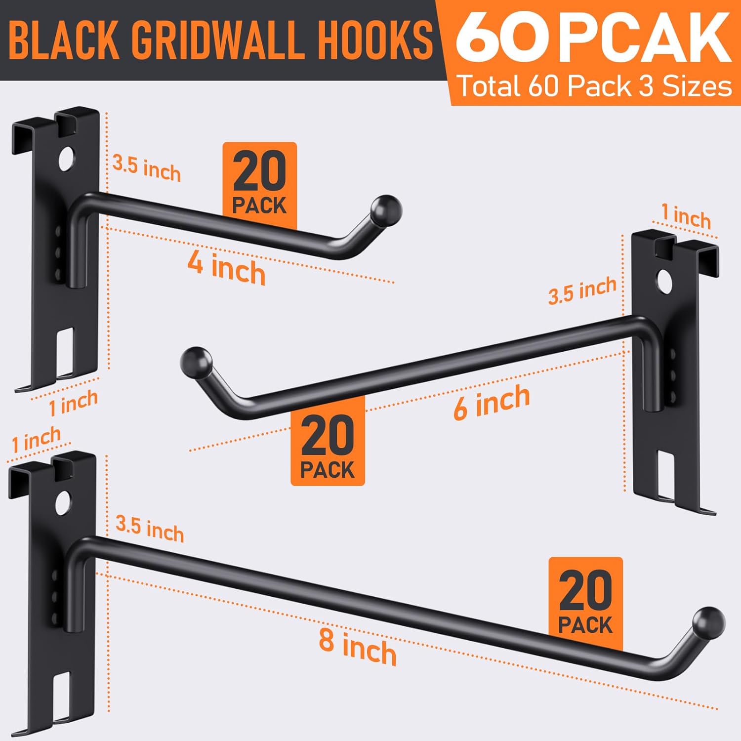 incly 4/6/8 inch gridwall hooks, 60 pack heavy duty black display hooks for grid wall panels, grid wall accessory for storage display clothes in retail shop garage 4/6/8 inches