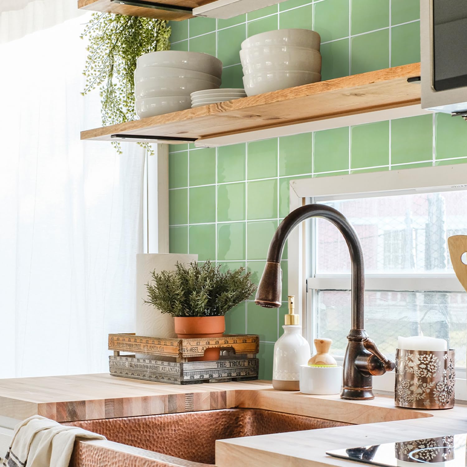 Commomy Più Spessi Paraschizzi Cucina Adesivo, 10 pezzi, 30,5 x 30,5 cm | Verde Salvia Piastrelle Mattonelle Adesive Bagno Vinile 3D Metro, Adesivi per Piastrelle Impermeabili