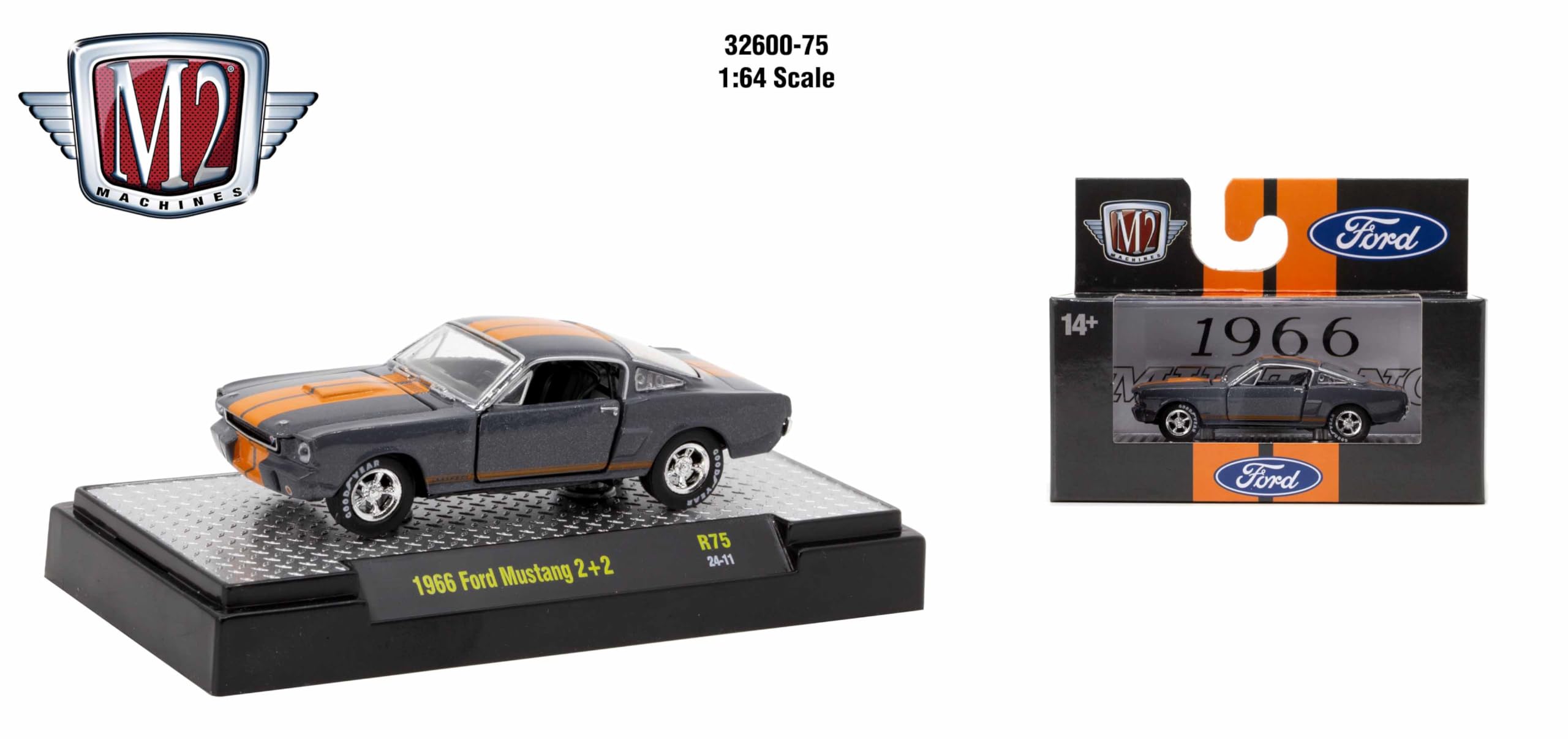 M2 Machines 32600-75 1966 Mustang 2+2 Gray with Orange Stripes. 1