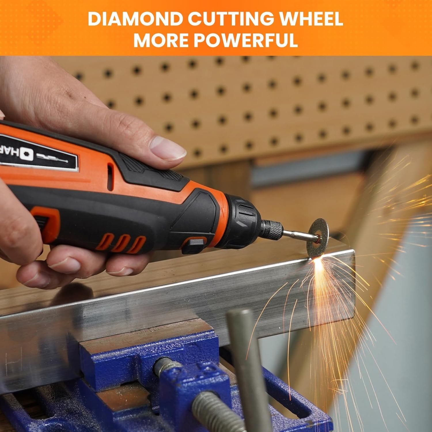 Diagram showing how to install various rotary tool accessories, including sanding drums, felt wheels, and cutting discs, using a wrench and mandrels.