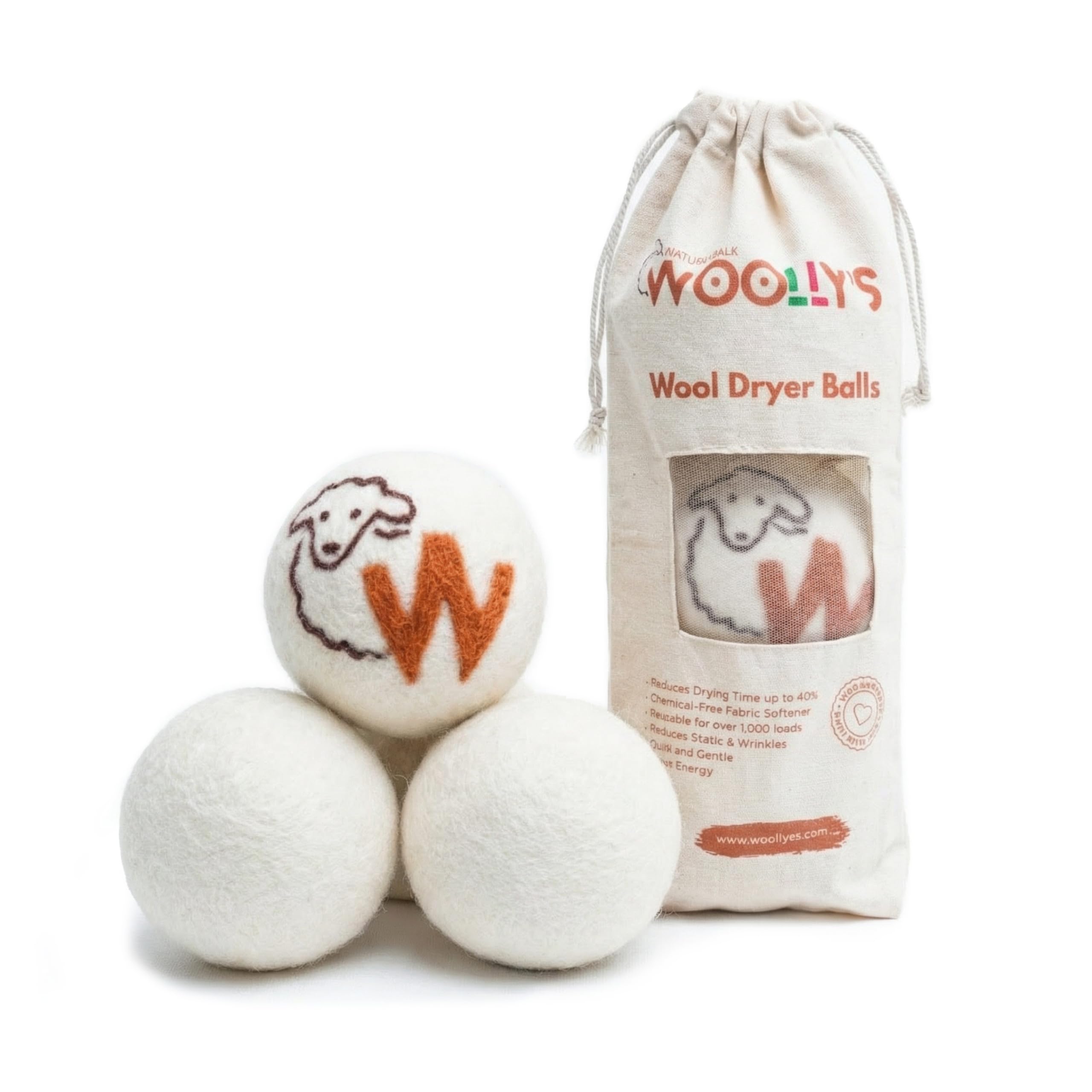 Woolly's Wool Dryer Balls – 100% Pure New Zealand Wool, Reusable Natural Fabric Softener, Reduces Drying Time &amp; Clothes Wrinkles, Chemical-Free Dryer Balls (Pack of 3)