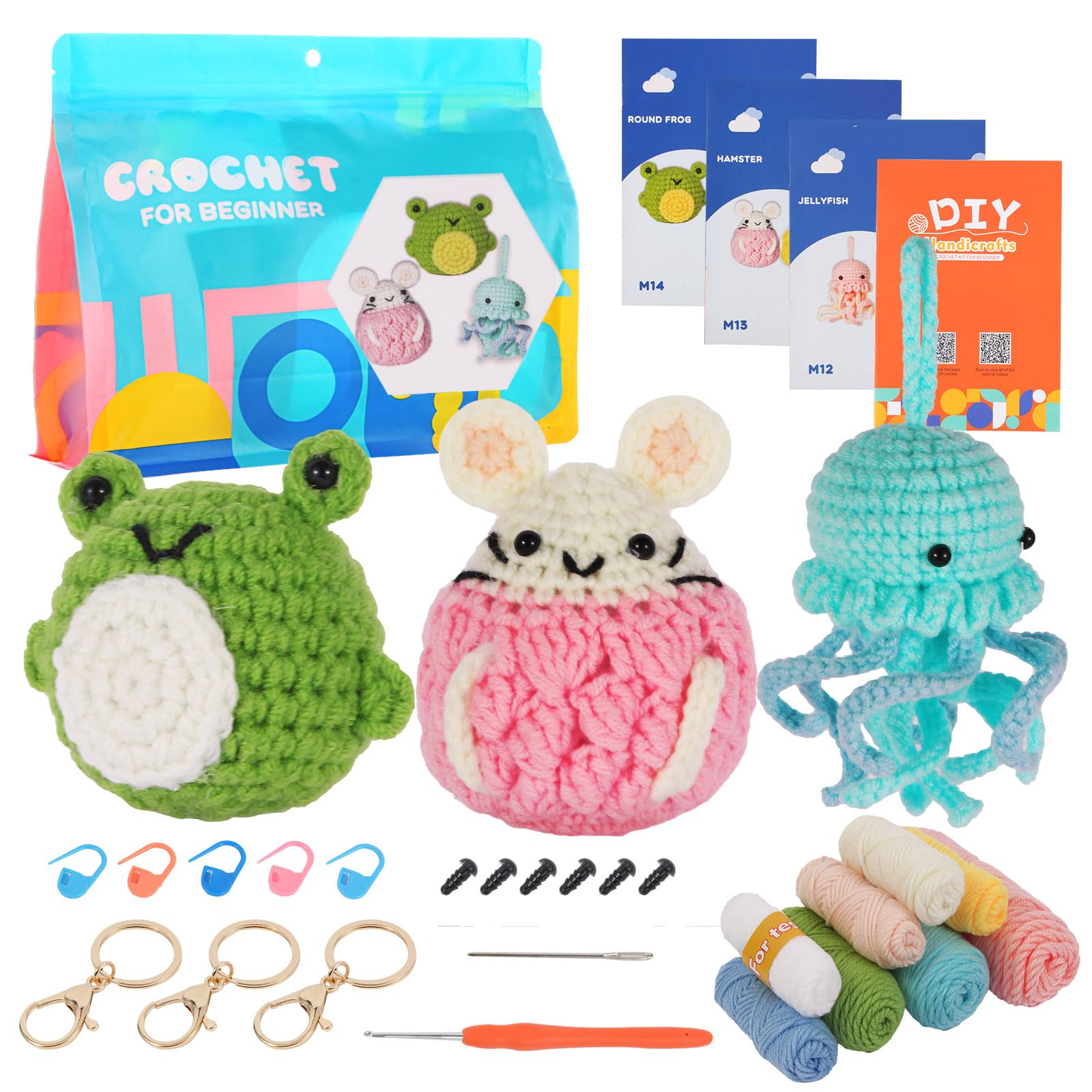 Nutgun Jellyfish,Mouse,Frog Beginners Crochet Kit, Crochet Kit For Beginners Adults,Complete Crochet Set To Make 3Pcs Animals,Include Yarn, Eyes, Stuffing, Crochet Hook,Step-By-Step Instruction And Video Tutorial