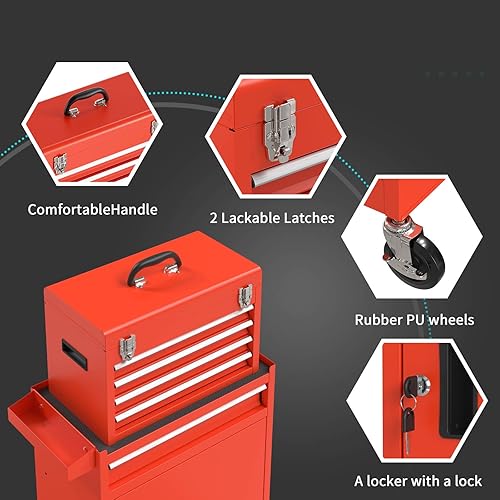 Miniatura 5 de Cofre de herramientas extraíble, caja de herramientas de 5 cajones, caja de herramientas con ruedas (2 piezas con bloqueo) y cajones, almacenamiento