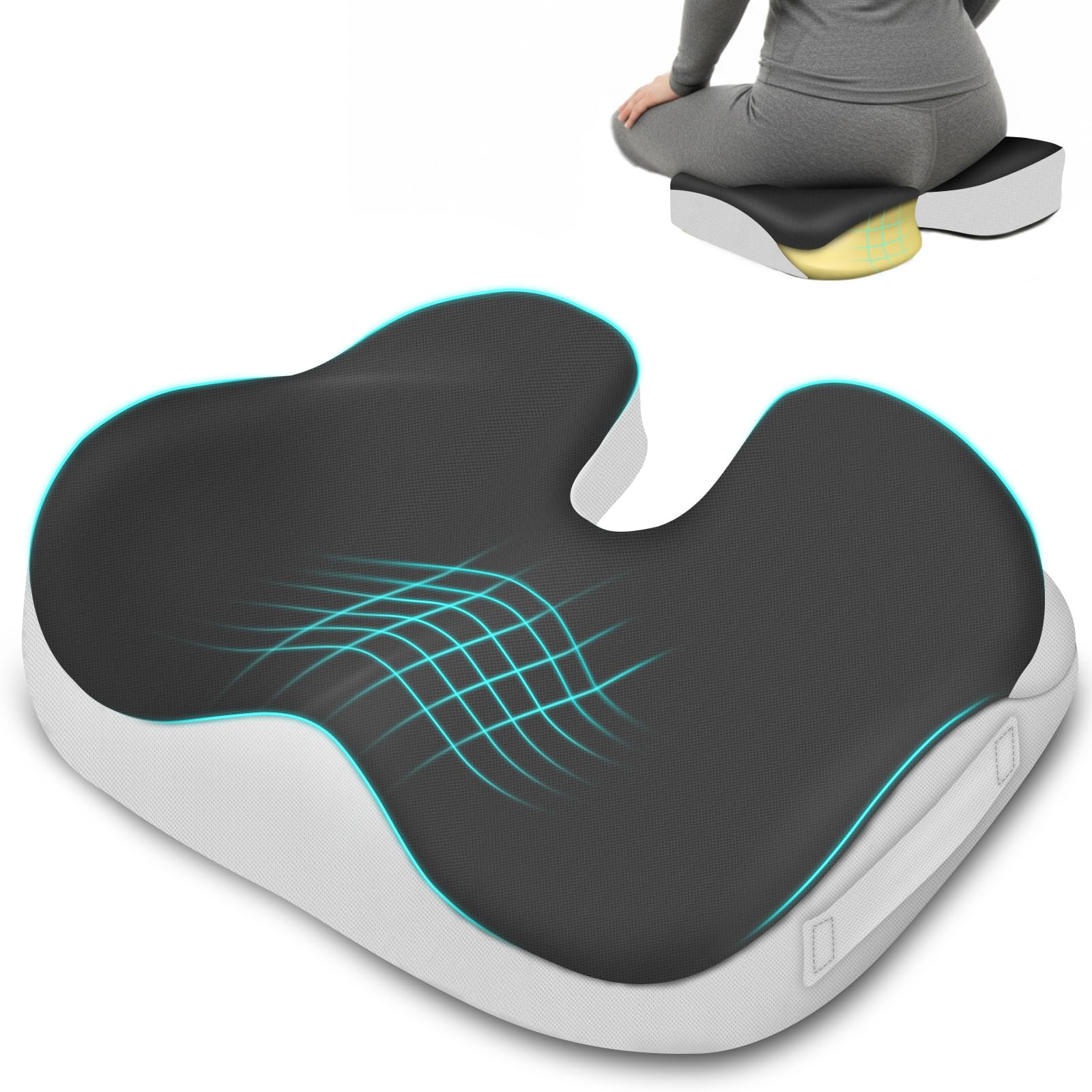 Feagar Cuscino Sedia Ufficio in Memory Foam Alta Densità per 60-90kg | Con pratica maniglia e fondo antiscivolo. Ideale per seduta prolungata, auto, home office e studio, comfort quotidiano.