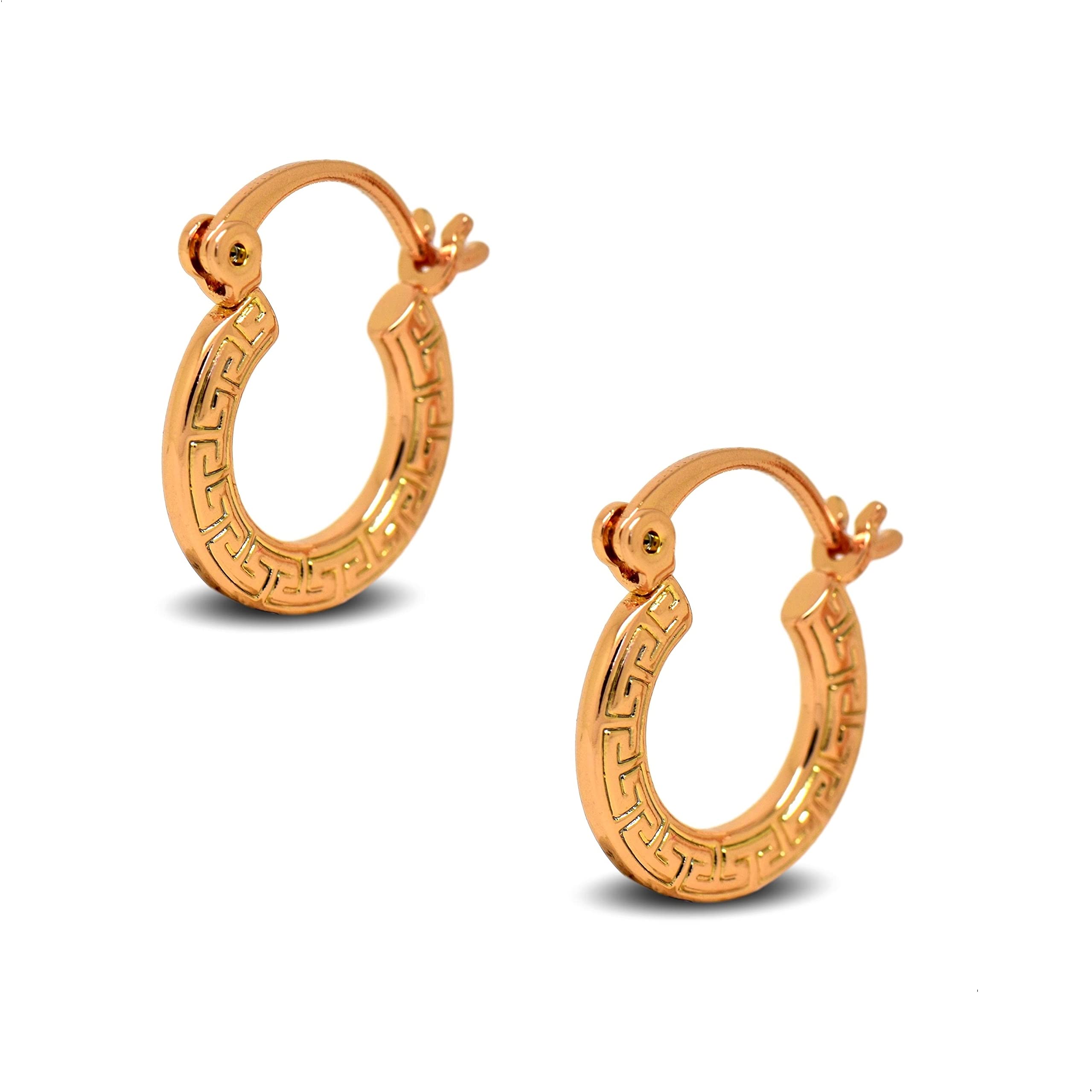 Classic Greek Key Style Small Hoop Earrings for Women 18ct Gold Filled