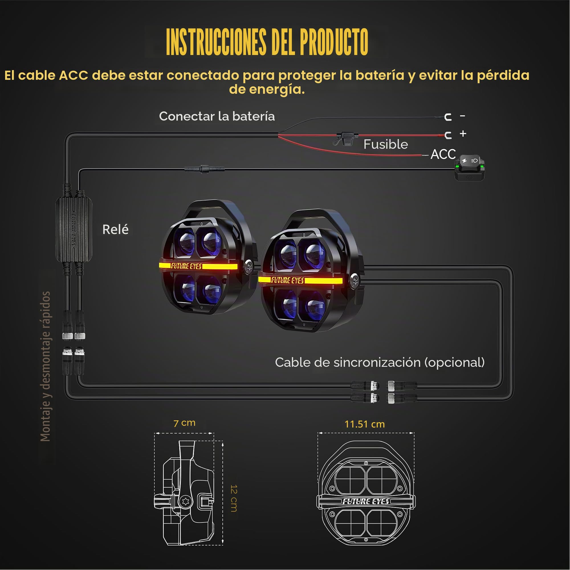Future Eyes Faros LED para Moto Homologados ECE E-Mark E57, 180W 17500LM Faros Auxiliares, Luces Antiniebla IP67, Luces Exploradoras LED con Soporte 360° para Moto