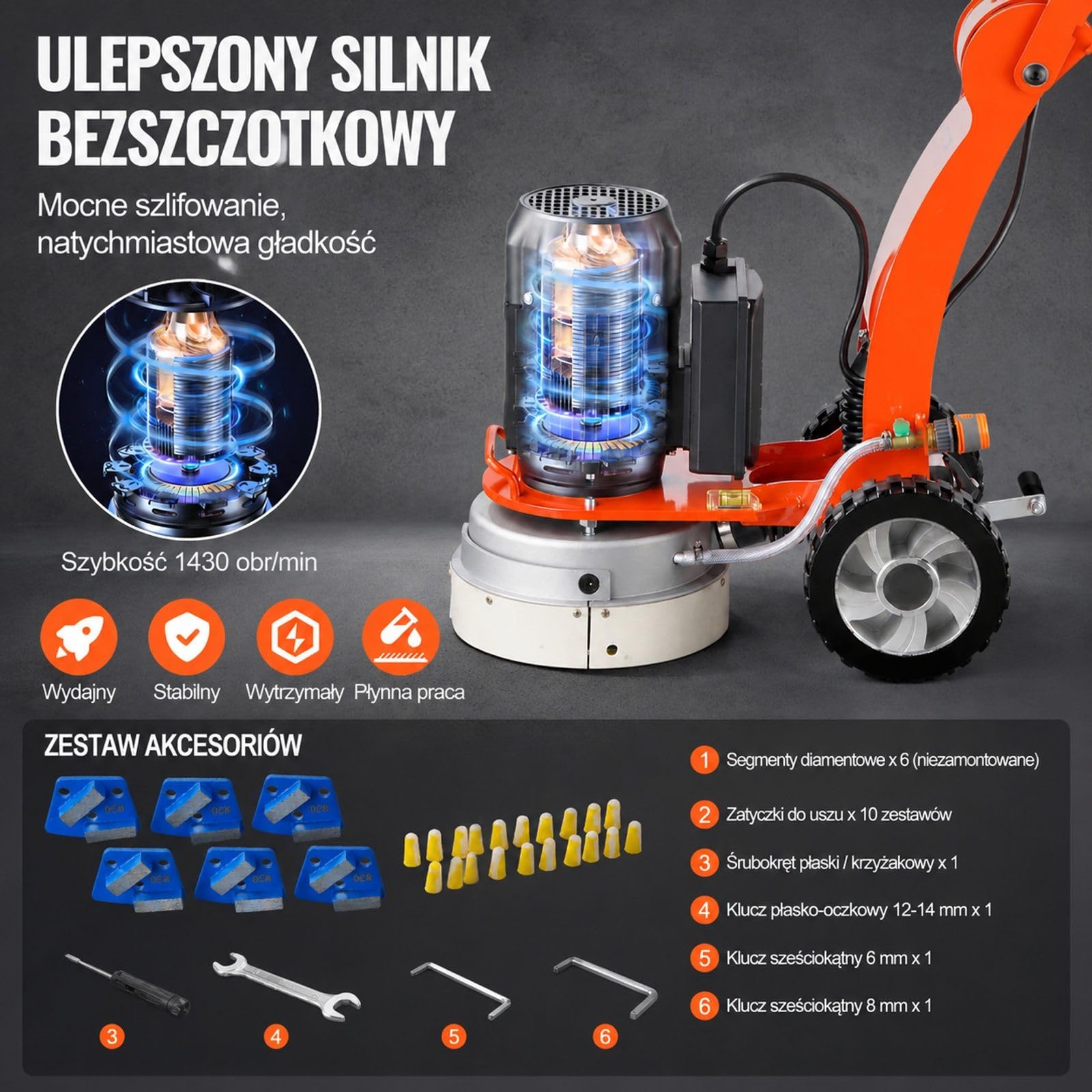 Szlifierka do posadzek betonowych 2200 W 1430 obr/min, silnik bezszczotkowy, praca na mokro i sucho, regulowany uchwyt, pomarańczowa