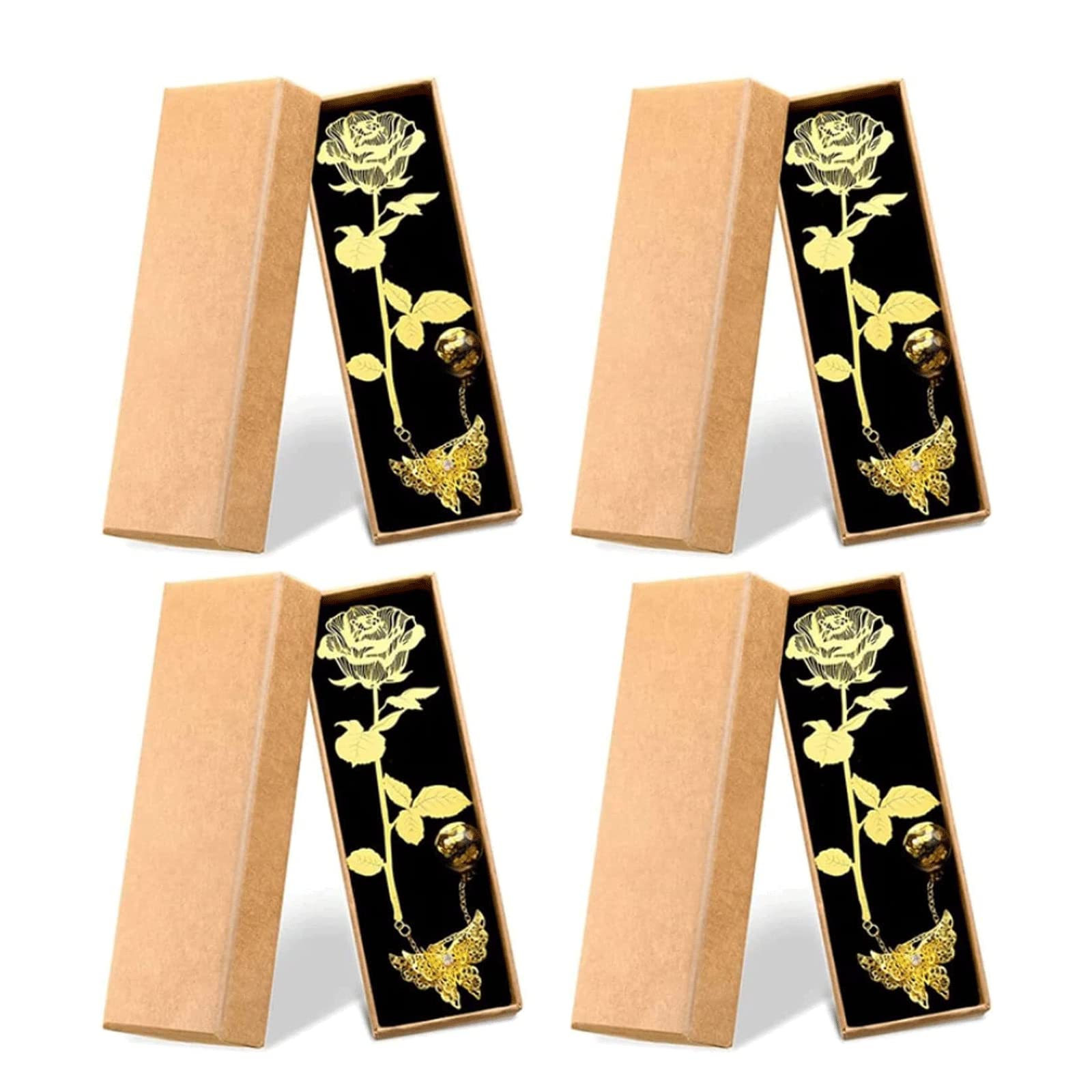 zakładki do książek 4 stuks Rose Bookmark Metallic Gold Paginahouder Met 3d Vlinder Hanger Ketting Voor Vrouwen Lezen Pagina Markers Uniek cadeau piękna