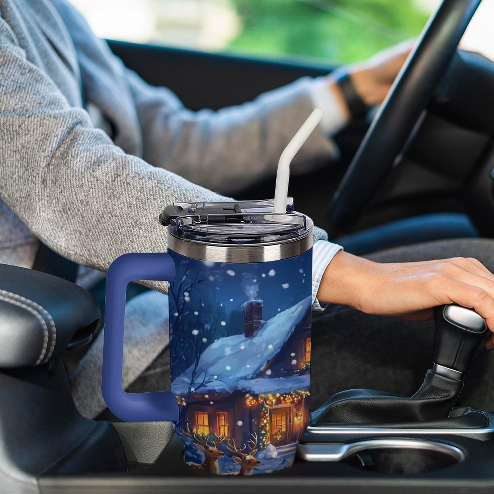 Becher mit Henkel, Motiv: Weihnachtshirsch, Schneeschnee, 1,2 l, Reise-Kaffeebecher, große Kapazität, Autobecher, Wasserflasche