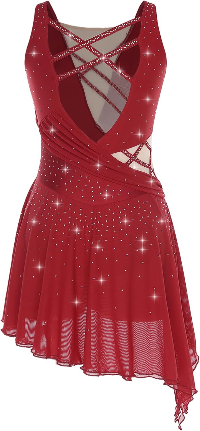Vxuxlje Womens Lyrical Dance Costume Strappy Back Sleeveless Irregular Hem Dress Figure Skating Leotard