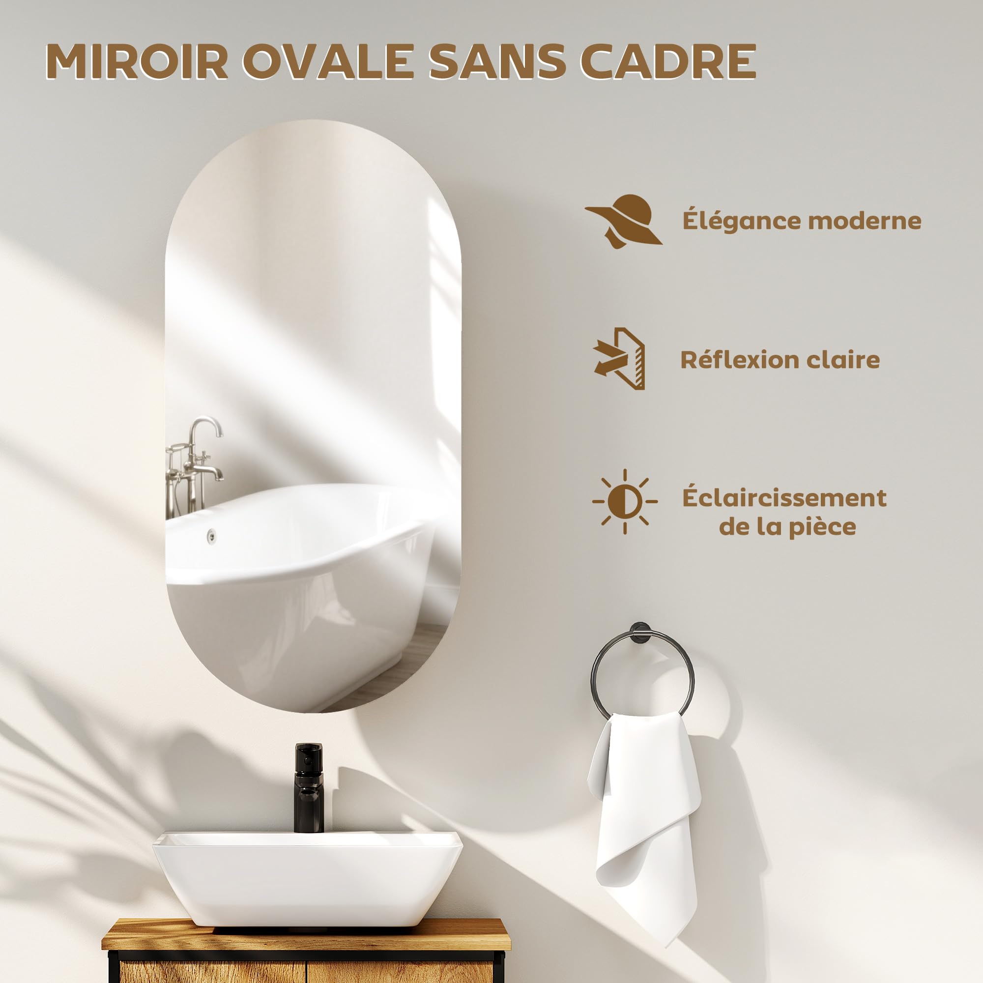 HOMCOM Mueble de baño con Espejo Ovalado, 45 x 90 cm, Muebles de baño Modernos, diseño sin Marco, Espejo con almacenaje, Madera Natural