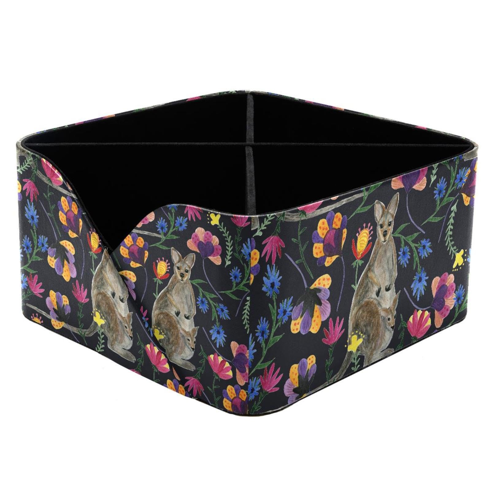 KengjuTesu Kangaroo and Baby Flowers Leaves Watercolor Painting Desktop Organizer Pen Holder, Rectangular Pencil Cup for Office, Study and Makeup Stations