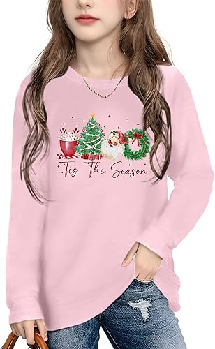 Ithalt Kids Christmas Shirt Boys Girls Santa Graphic Tshirt Xmas Tree Long Sleeve Tops(SantaPink2,140)