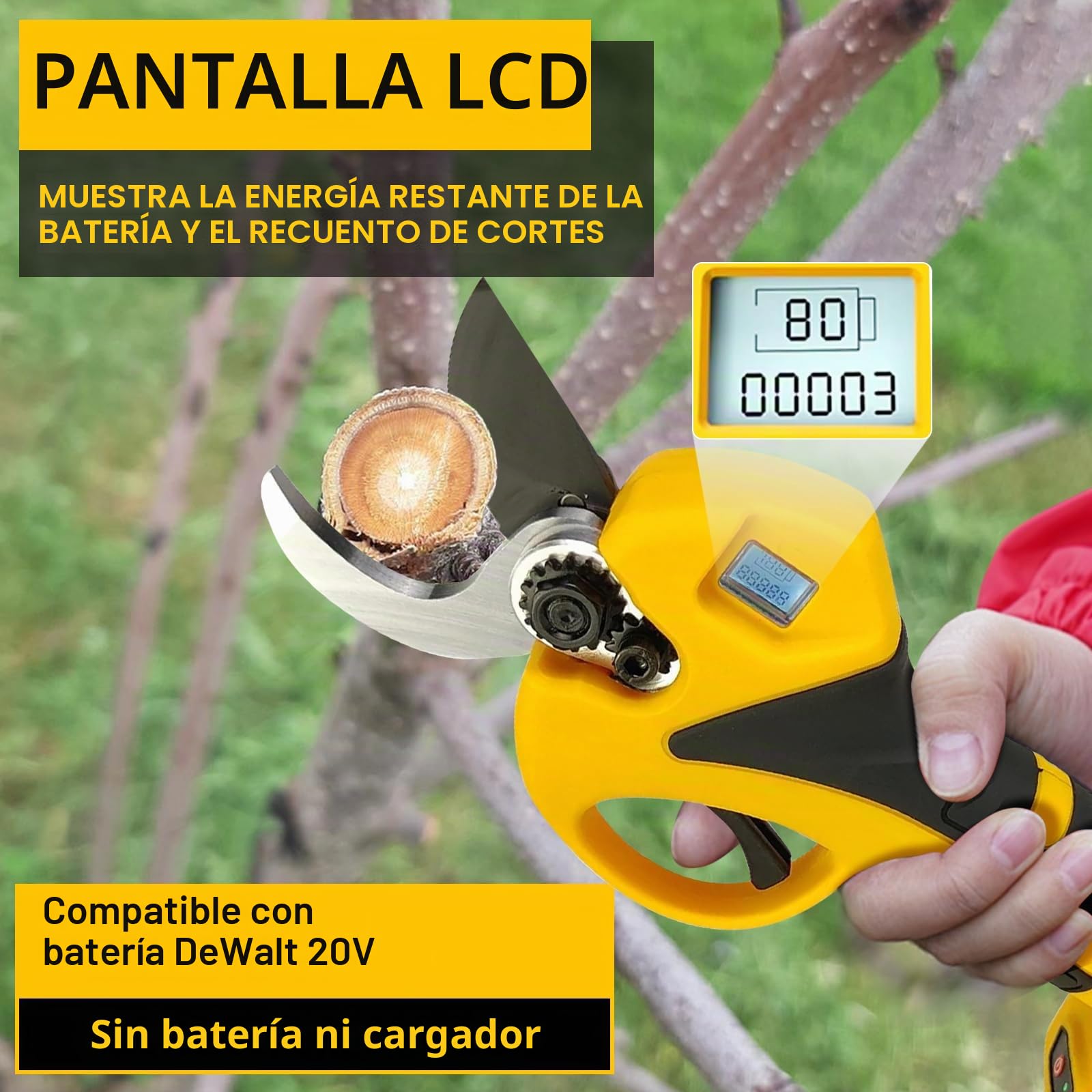 Tijeras de Podar Eléctricas 55 mm a Batería Brushless, Sin batería | Compatible con Dewalt 20V Batería, Pantalla LCD, Para Jardinería