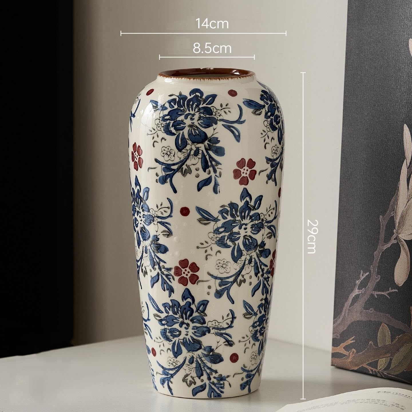 Ceramiczny wazon – ozdobny wazon na kwiaty, biało-niebieski wazon z chińskiej porcelany do dekoracji kwiatowej w domu i kuchni(B(29cm))
