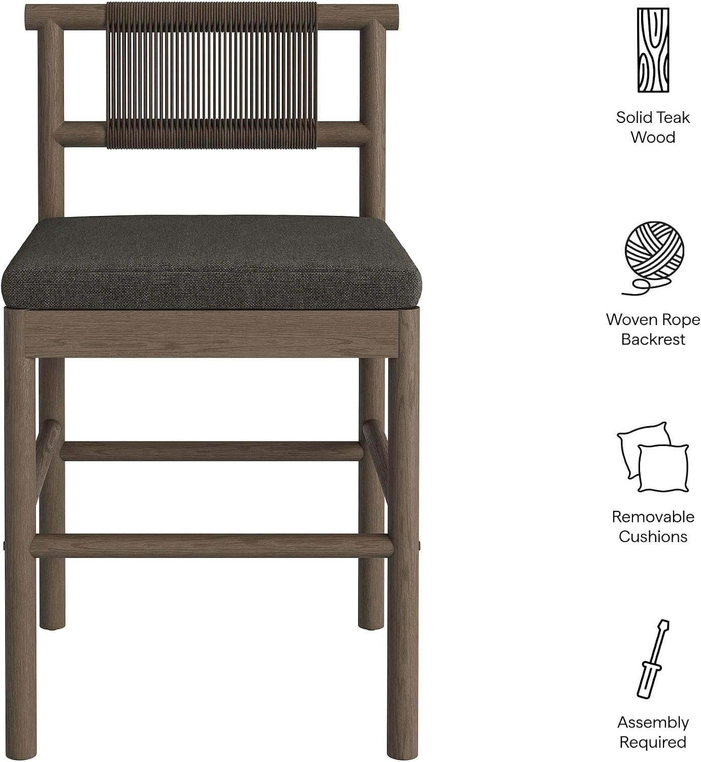 Modway Eleni Set of 2 Outdoor Teak Wood Counter Stools with Rope Backrests in Weathered Gray Flint - Patio Counter Height Stools with Sunproof Foam Cushions
