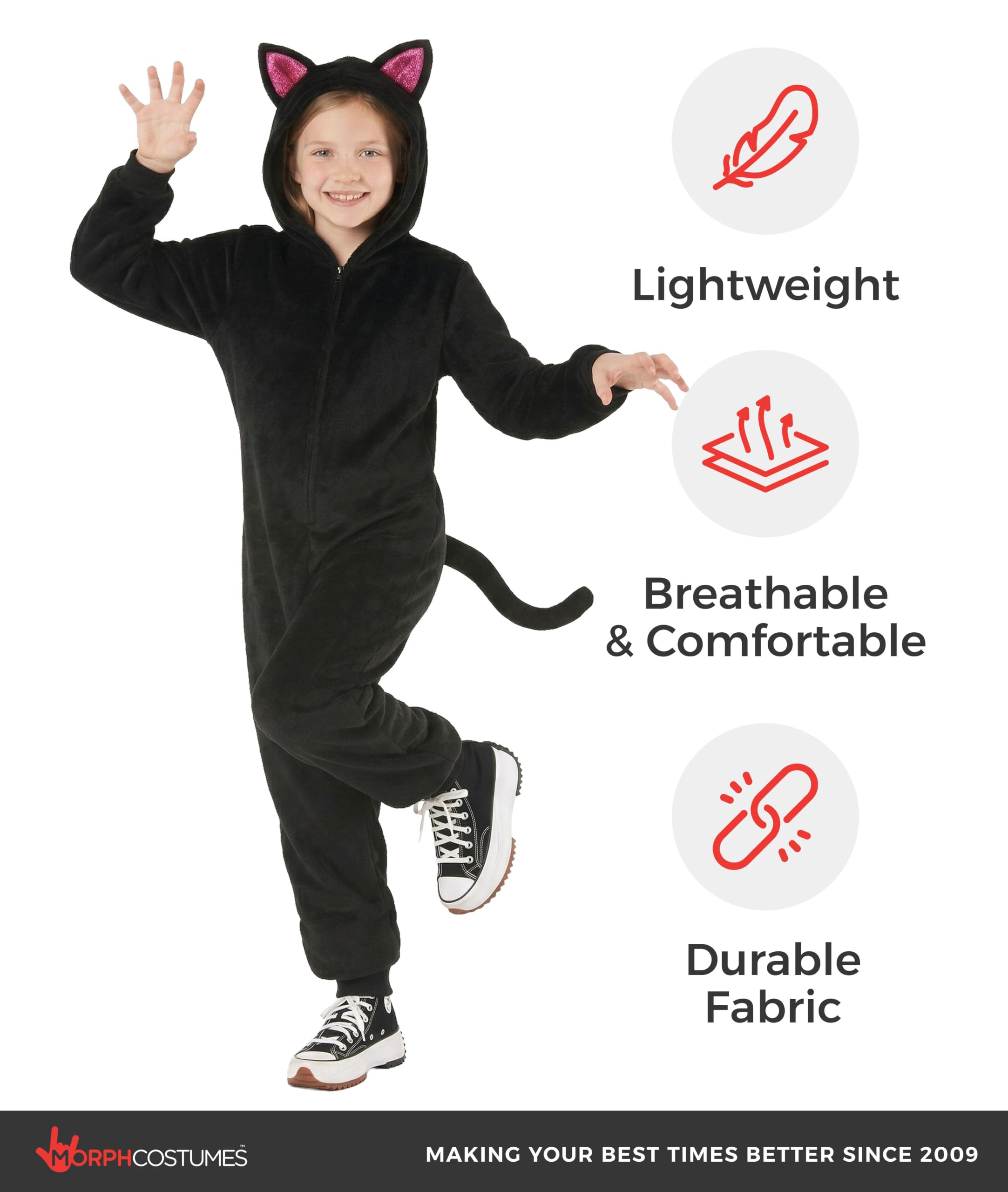 Morph Disfraz Gato Negro Niña, Disfraz Halloween Niña | Mono de Peluche Negro con Cola & Diadema con Orejas, Para Poner, Perfecto para Halloween, Ideal para Juegos de Rol
