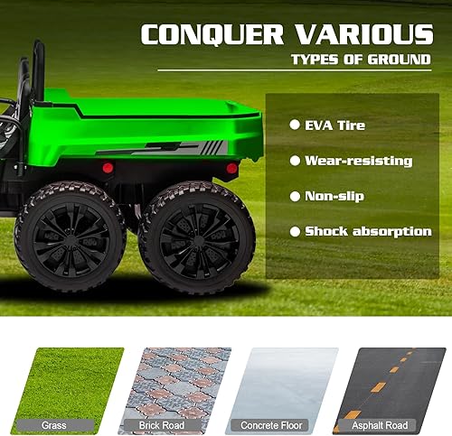 Miniatura 5 de Camión volquete de 2 plazas de 24 V, 4WD Ride On UTV con 6 ruedas lado a lado, camión de construcción con control remoto a batería, automóvil