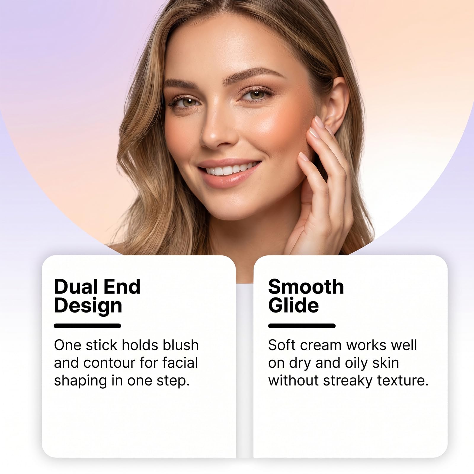 Bâton de blush crème -tenue longue durée, fini naturel et teinte rose nude. | Teinte PH-active – Fini mat longue tenue ，Effet 3D naturel contouring léger et un éclat subtil.Format nomade