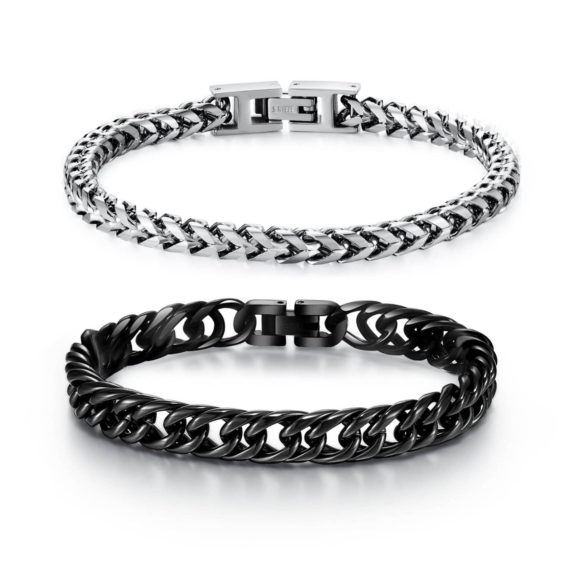 2PCS Stainless Steel Bracelets for Men: Featuring Fold Over Clasp Franco Chain & Premium Design - Perfect Gifts for Dad, Grandpa, Boyfriend, Husband, Son, Brother