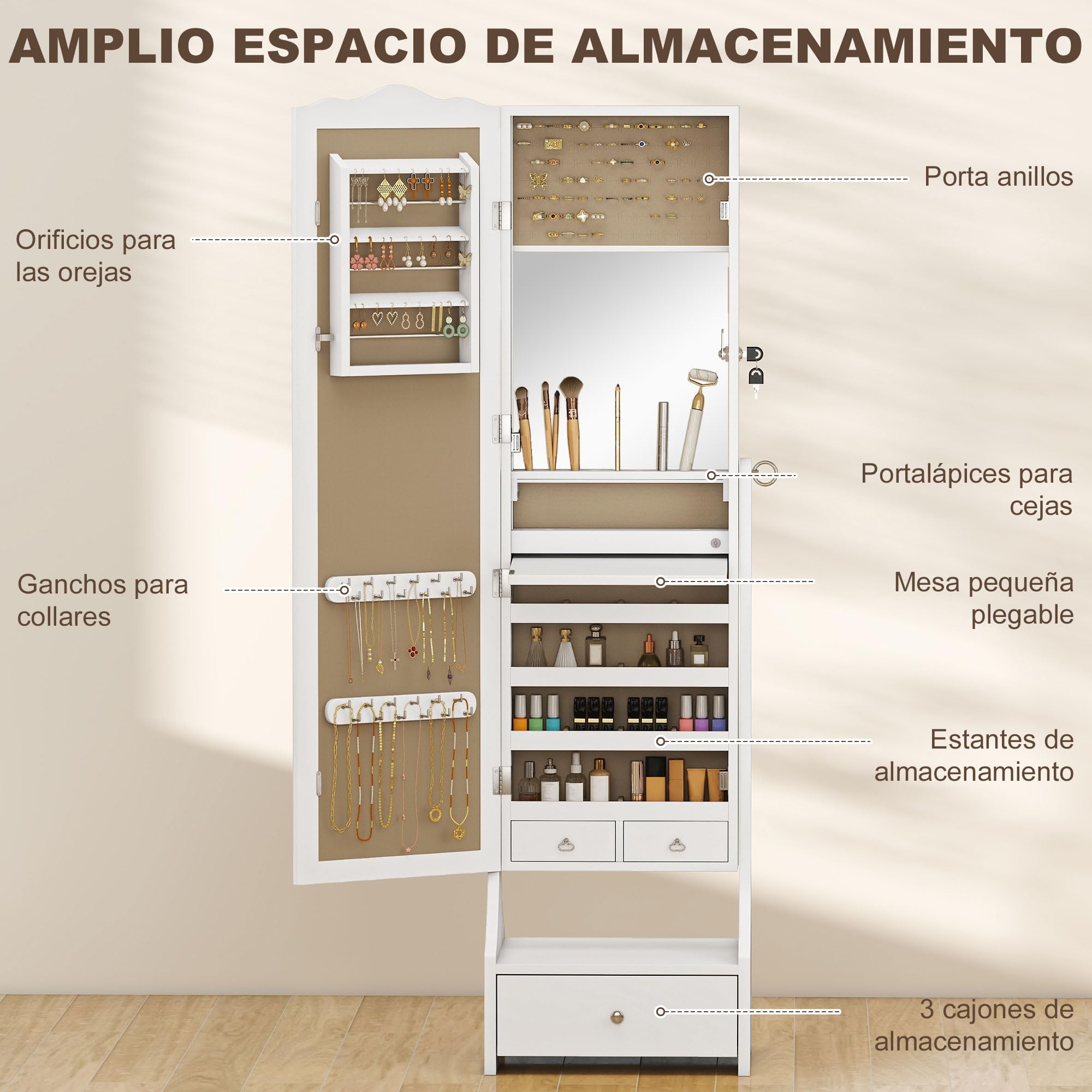 HOMCOM Armario Joyero con Espejo LED, Luces Apagado Automático, Blanco