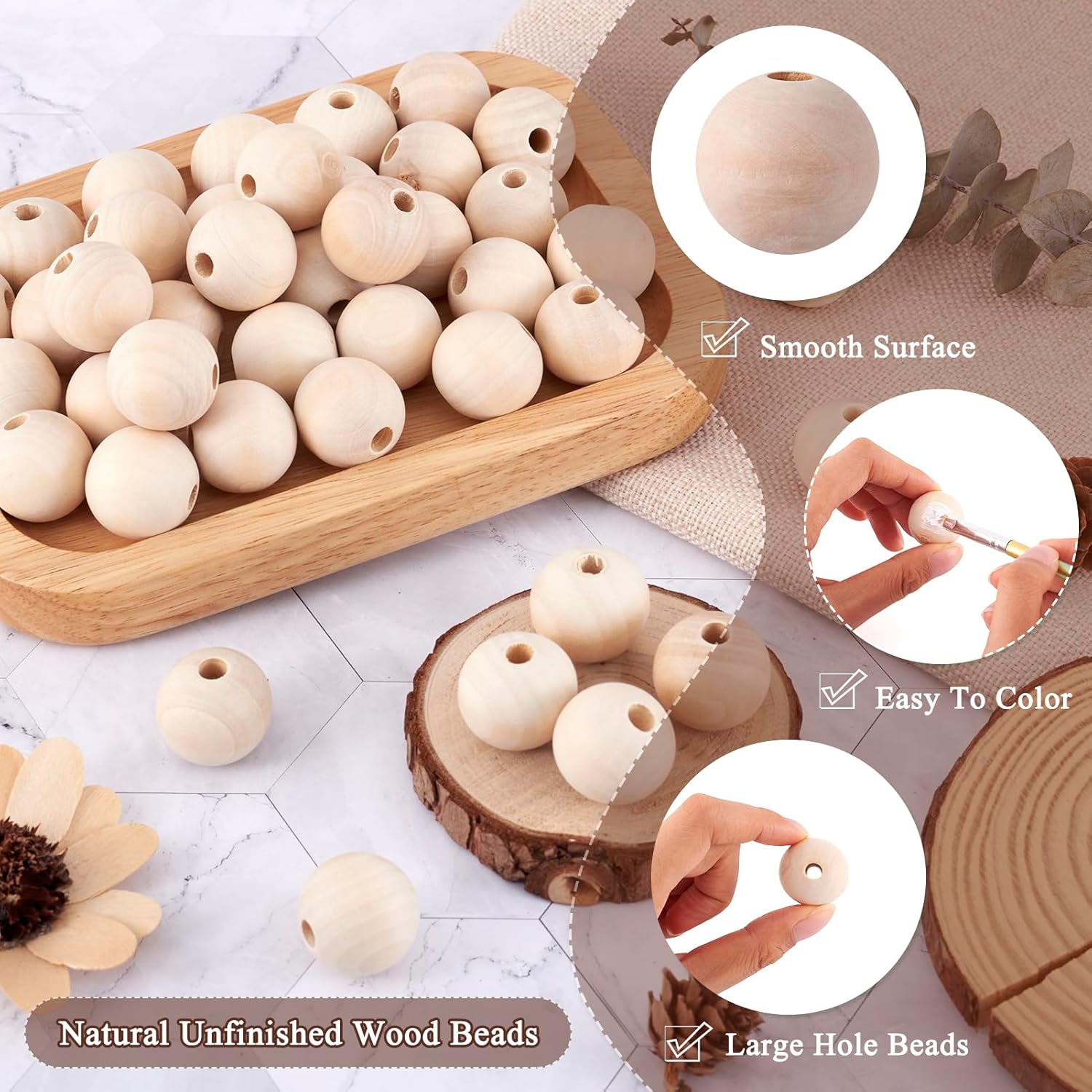 Craftdady 200Pcs 25mm Natural Wood Beads Unfinished Round Wood Loose Beads Large Hole Waxed Smooth Wooden Ball Spacer Beads for Jewelry Craft Making Home Party Decor Hole: 6-7mm