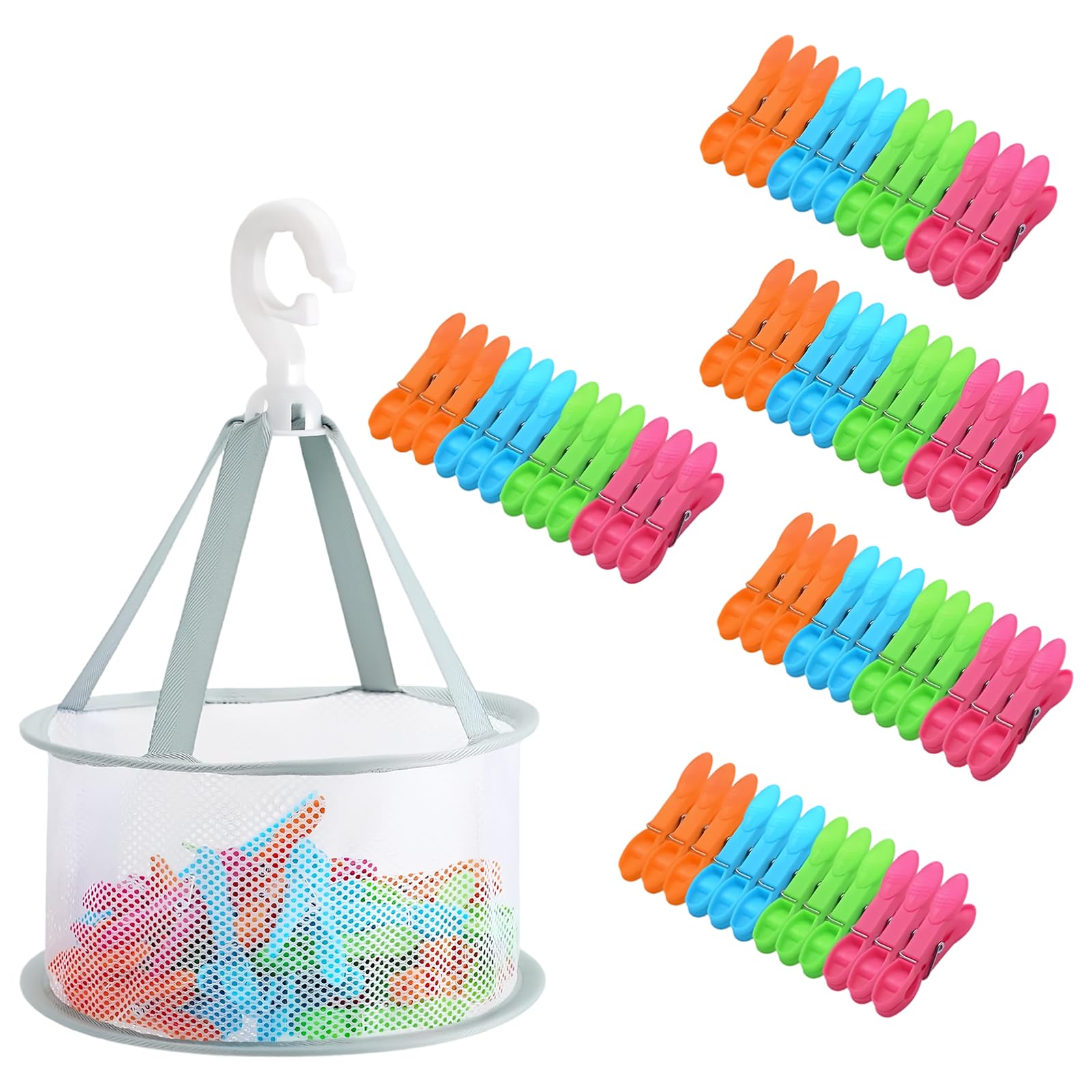 Zatix​Bu Colour 60Pcs Clothes Pegs With A Washing Basket, Extra Strong Plastic Laundry Pegs, Non-Slip Washing Peg For Socks Underwear Scarves, Windproof Clothes Peg For Home And Garden