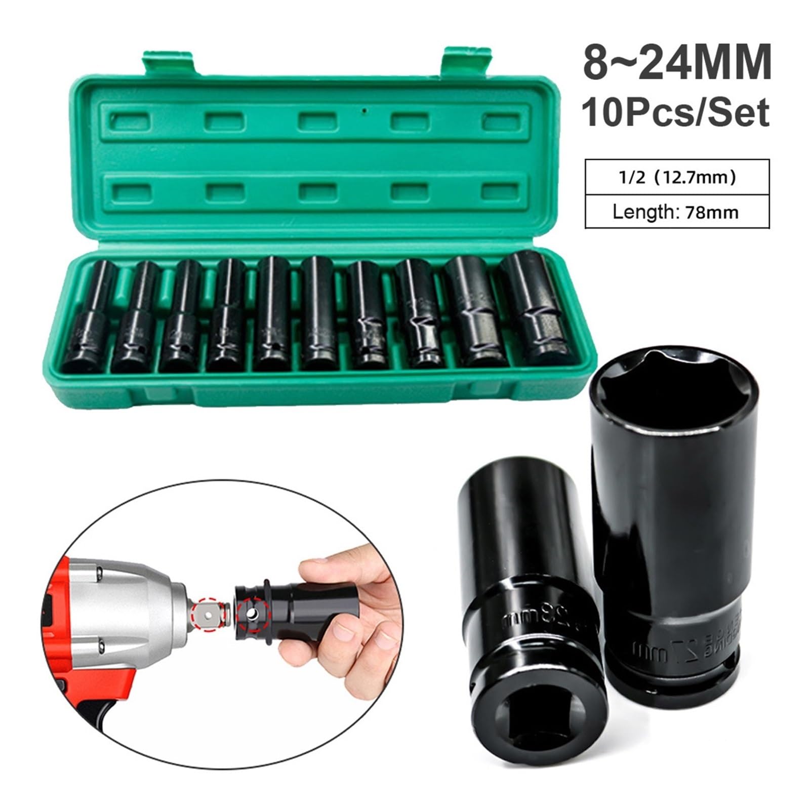 10 Uds 1/2 pulgadas 6 puntos juego de cabeza de vaso de impacto 10-24mm manga de extensión enchufes hexagonales hexagonales for llave eléctrica herramienta de mano taladro Socket Sockets(Ty