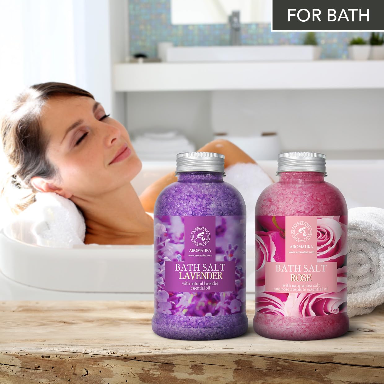 Sales Marinas de Baño Set Lavanda & Rosa 2х600g - Sal Marina con Aceite esencial de Lavanda - Aceite Esencial Absoluto de Rosa - Cuidado Corporal - Baños de Relajación - Aromaterapia