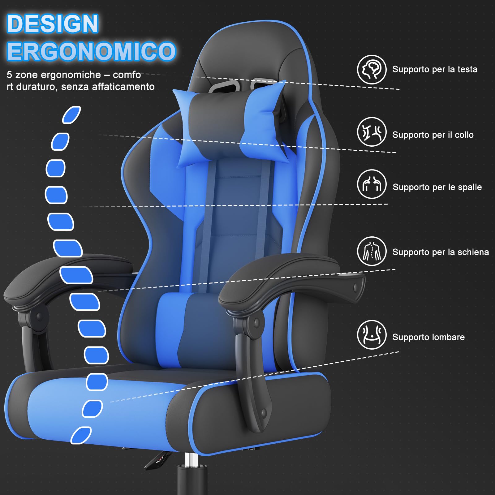 Sedia Gaming TURBO LED con Poggiapiedi, Cuscino Lombare e Cervicale, Tessuto Nero / Blu