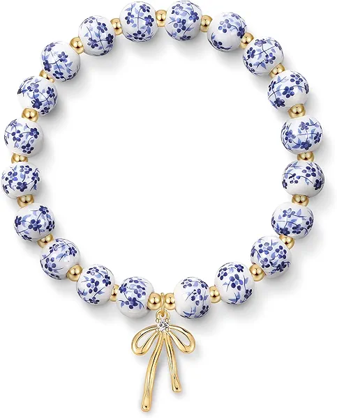Bow Charm Beaded Bracelet for Women Vintage Flower Blue Bracelet Handmade Stretch Strand Dainty Bracelet Jewelry Gifts