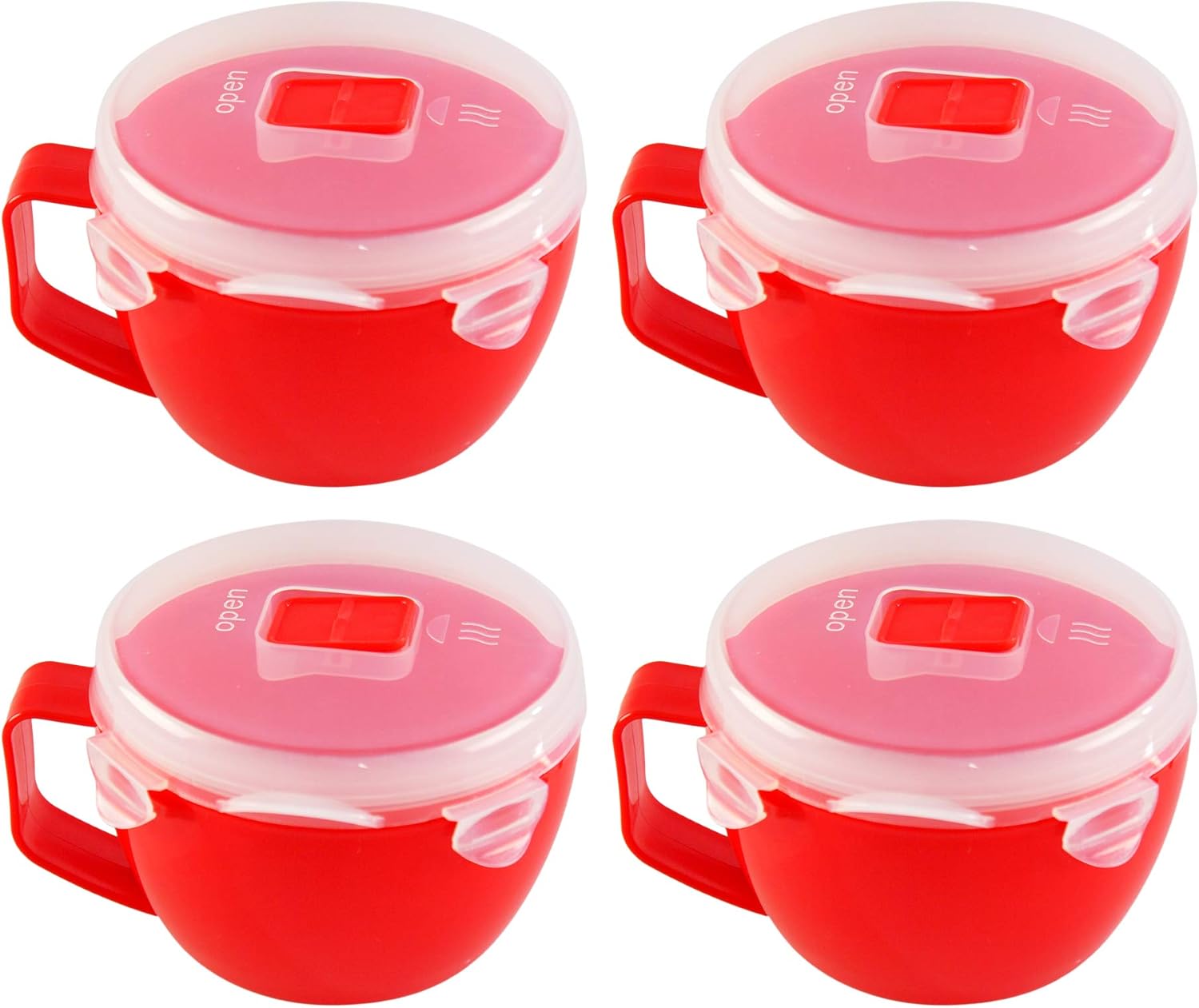 Home-X Set of 4 Microwave Bowls with Lid - Ramen Bowl Microwavable with Steam Release Vents and Easy Locking Clips - BPA-Free, Dishwasher Safe 32oz Soup Mugs with Handle Microwave Safe