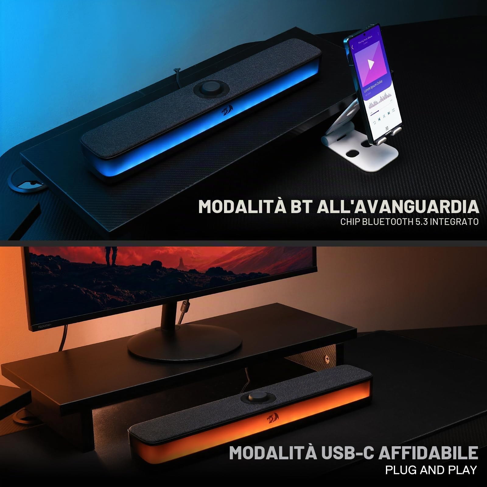 Redragon GS515 RGB Desktop Soundbar, Altoparlanti stereo per computer a 2.0 canali per desktop con BT 5.3, alimentazione USB-C/USB (nero) | 6 effetti di luce dinamici, connettività wireless e cablata, design compatto, Plug & Play USB Powered PC Gaming Spe