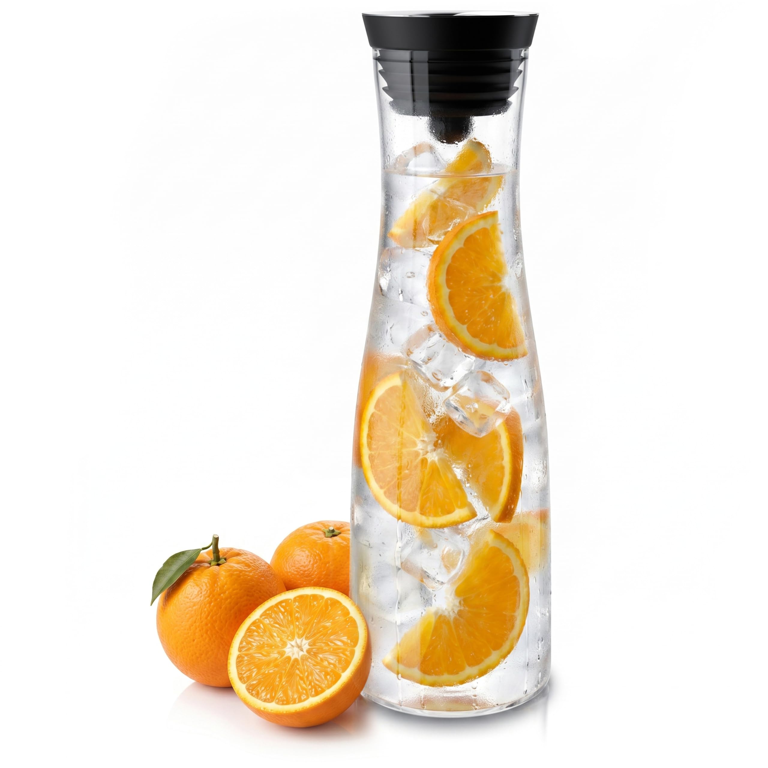 Arendo - Wasserkaraffe mit Deckel 1700 ml, Glaskaraffe mit Deckel und integriertem Grobfilter aus Edelstahl, Karaffe aus Borosilikatglas 1,7 L, Temperaturbereich –20 °C bis +150 °C