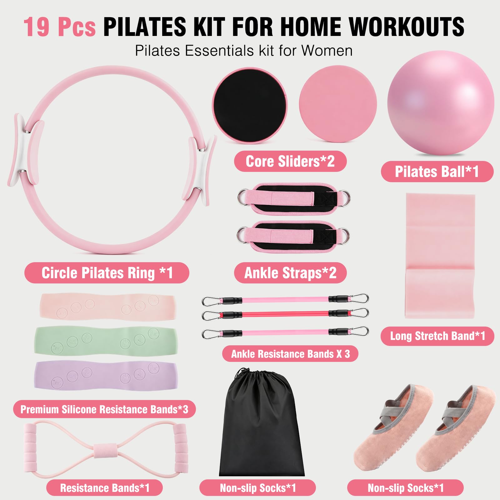 Juego de 18 anillos de pilates para mujer, equipo de pilates de entrenamiento en casa con bandas de resistencia, círculo mágico de 14 pulgadas, mini bola, kit de inicio de pilates para fuerza
